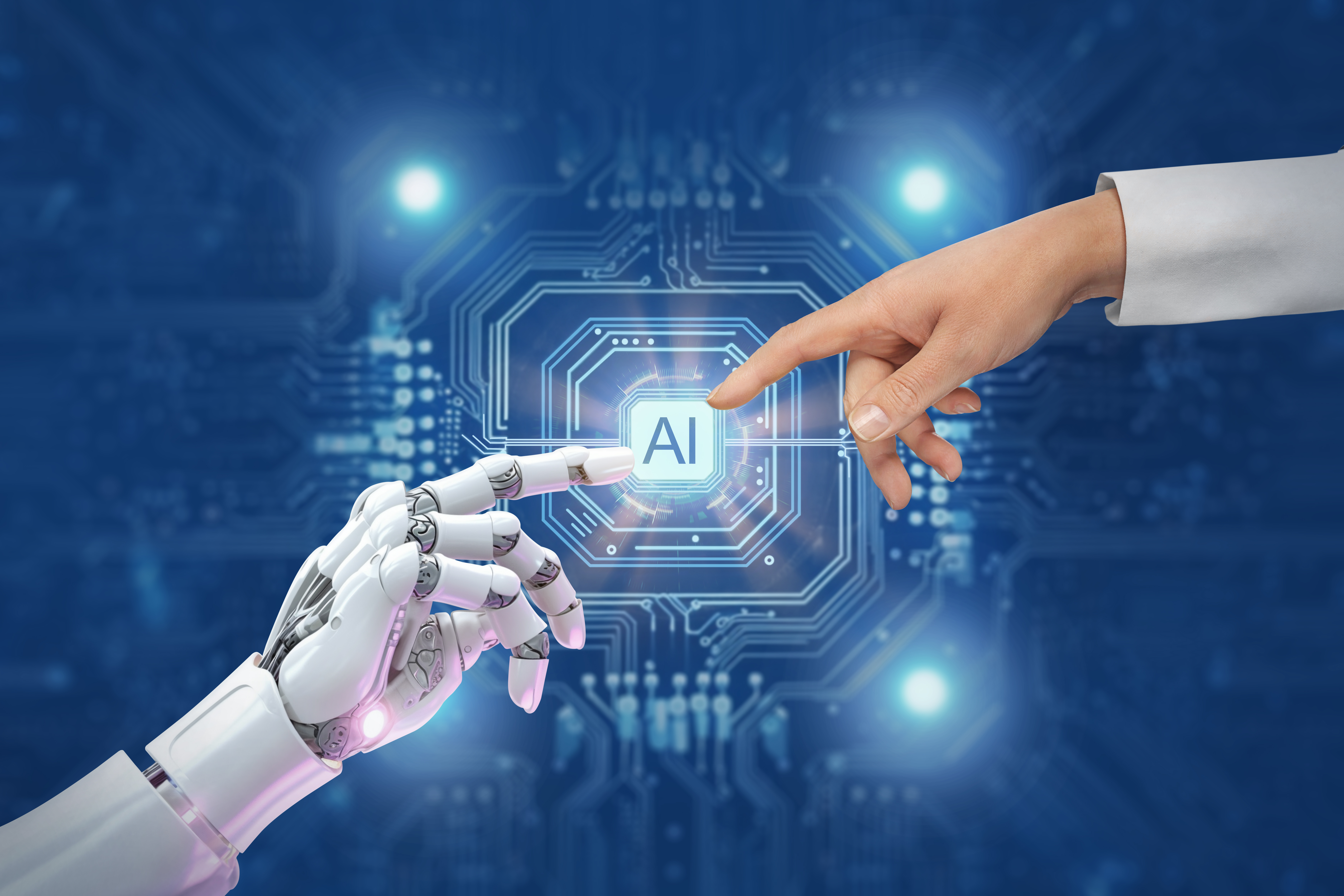 White cyborg robotic hand pointing his finger to human hand with stretched finger - ai artificial intelligence. White cyborg robotic hand pointing his finger to human hand with stretched finger - ai artificial intelligence.