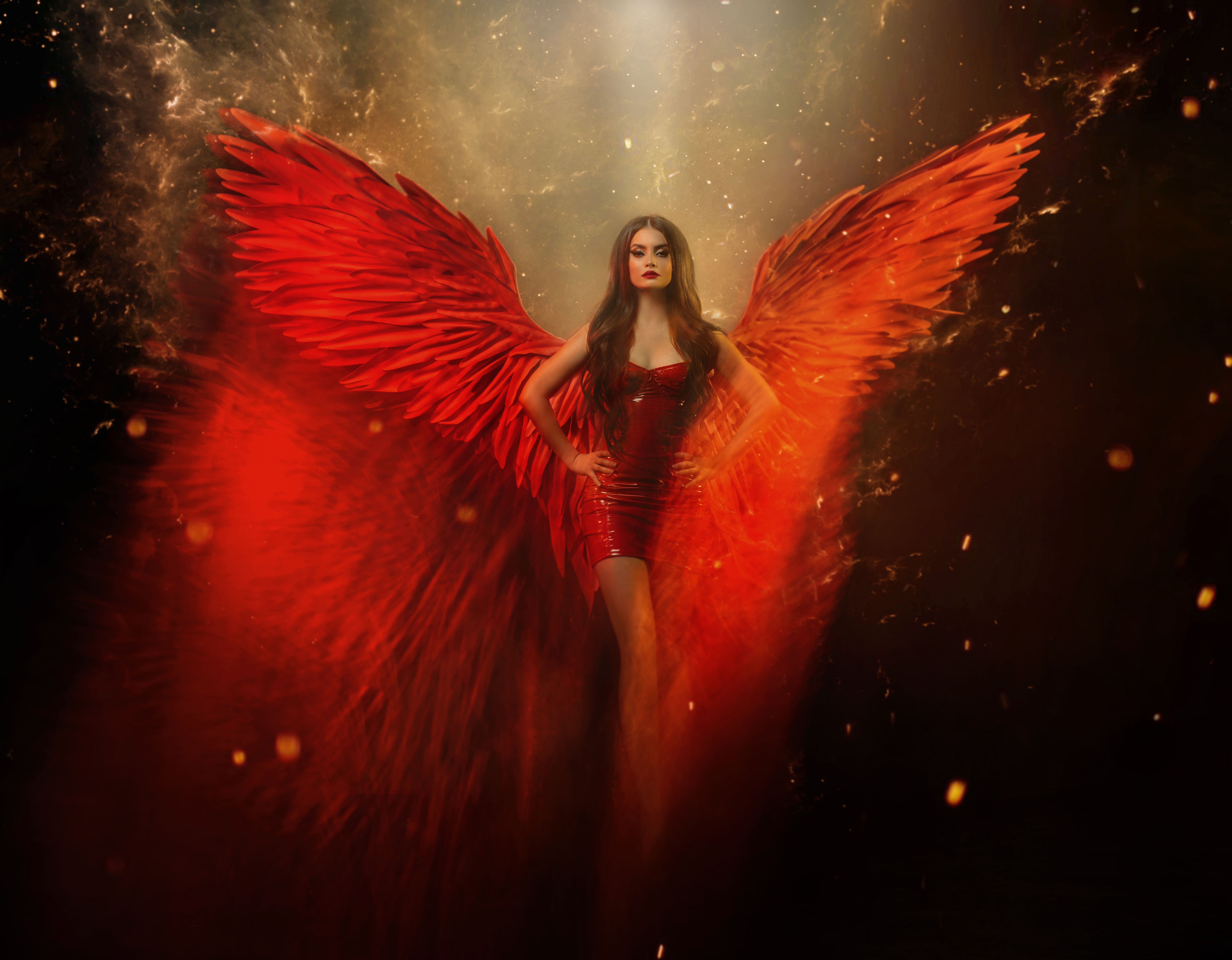 An adult beautiful fantasy girl a fallen angel with spread huge red wings. Art black background with sparks, glitters and flames. The power of a sexy demon woman. Carnival short latex seductive dress.