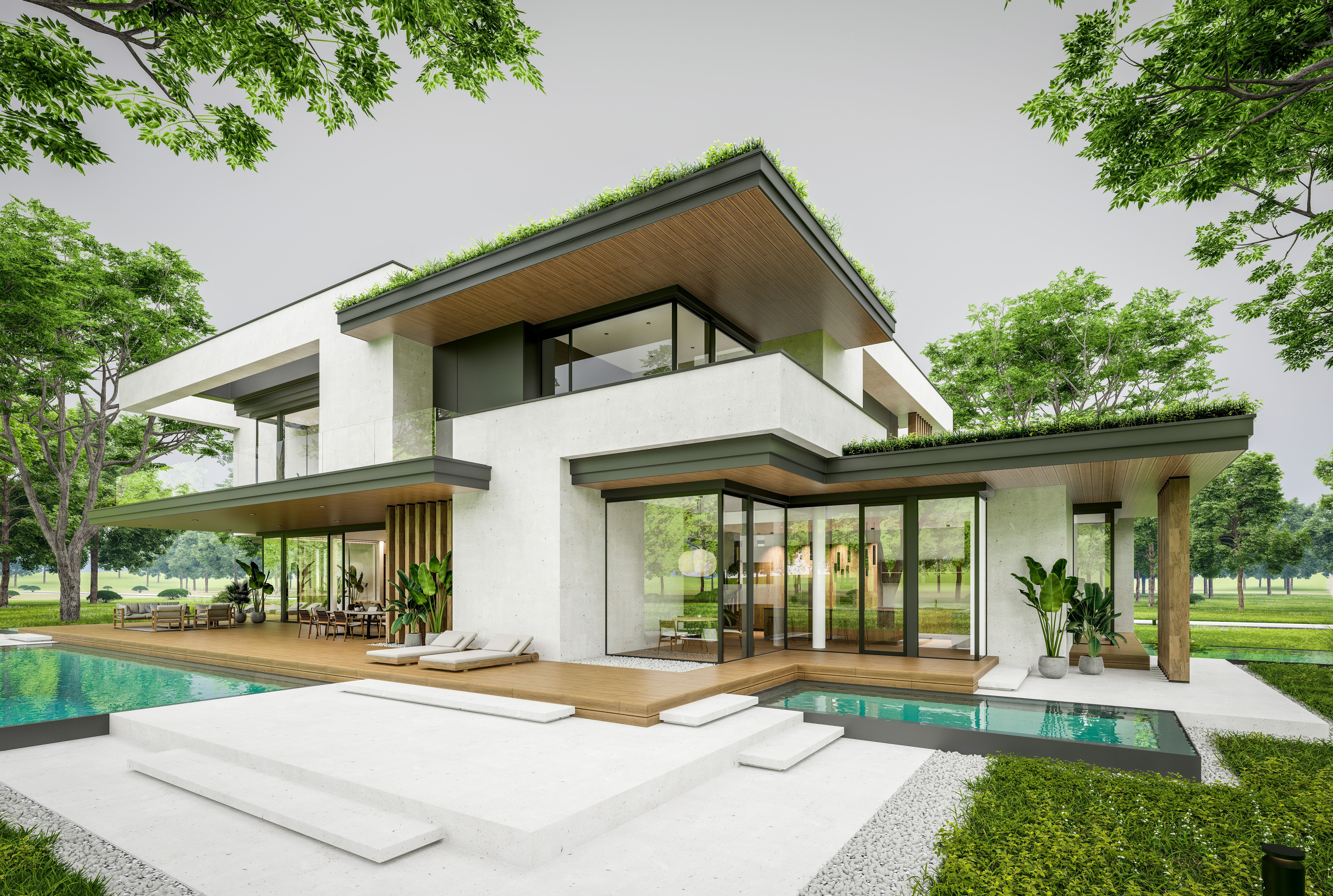 3d rendering of two-story house with concrete facade overcast