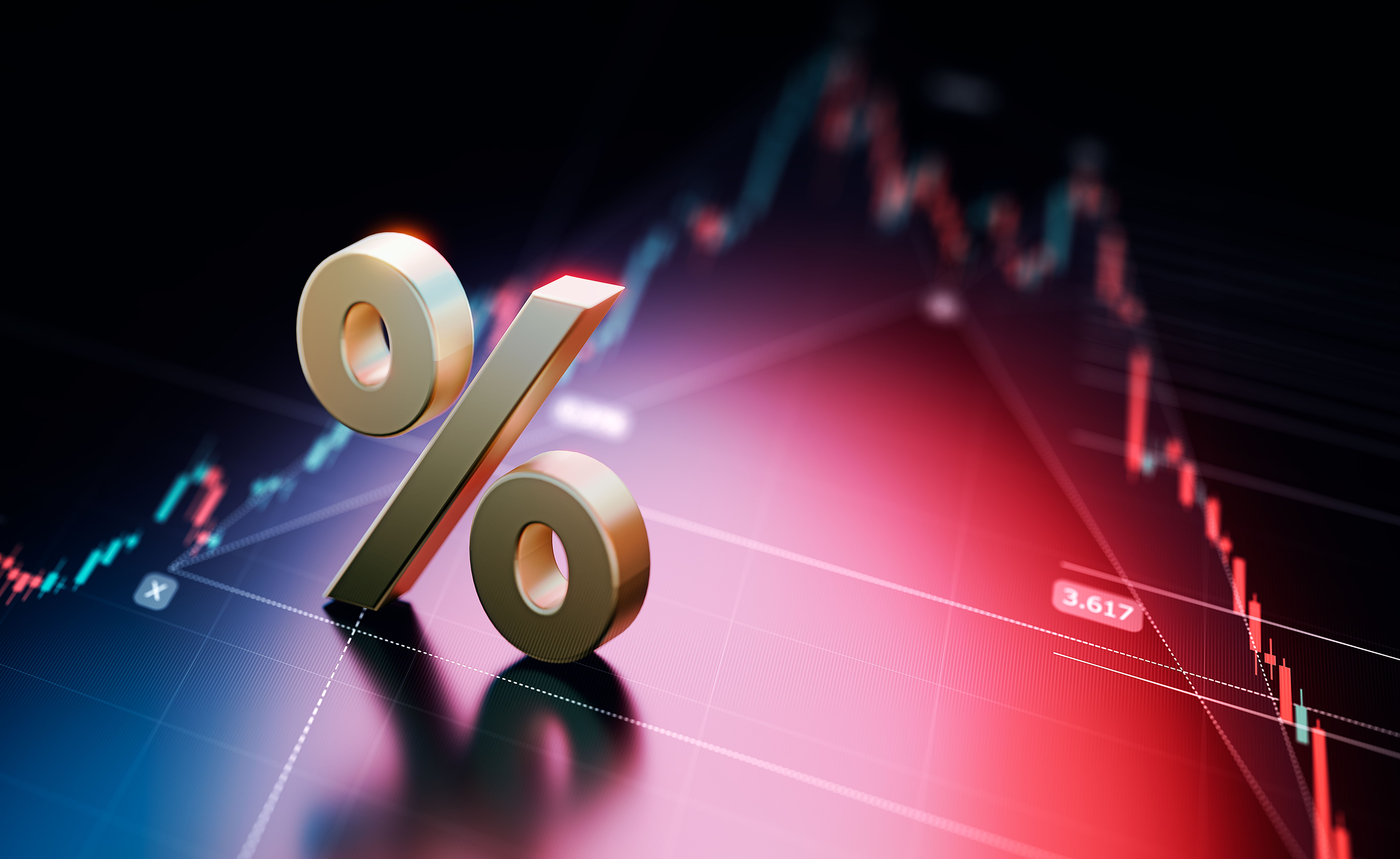 Percentage Sign Over Financial Bar Graph Background Percentage Sign Over Financial Bar Graph Background