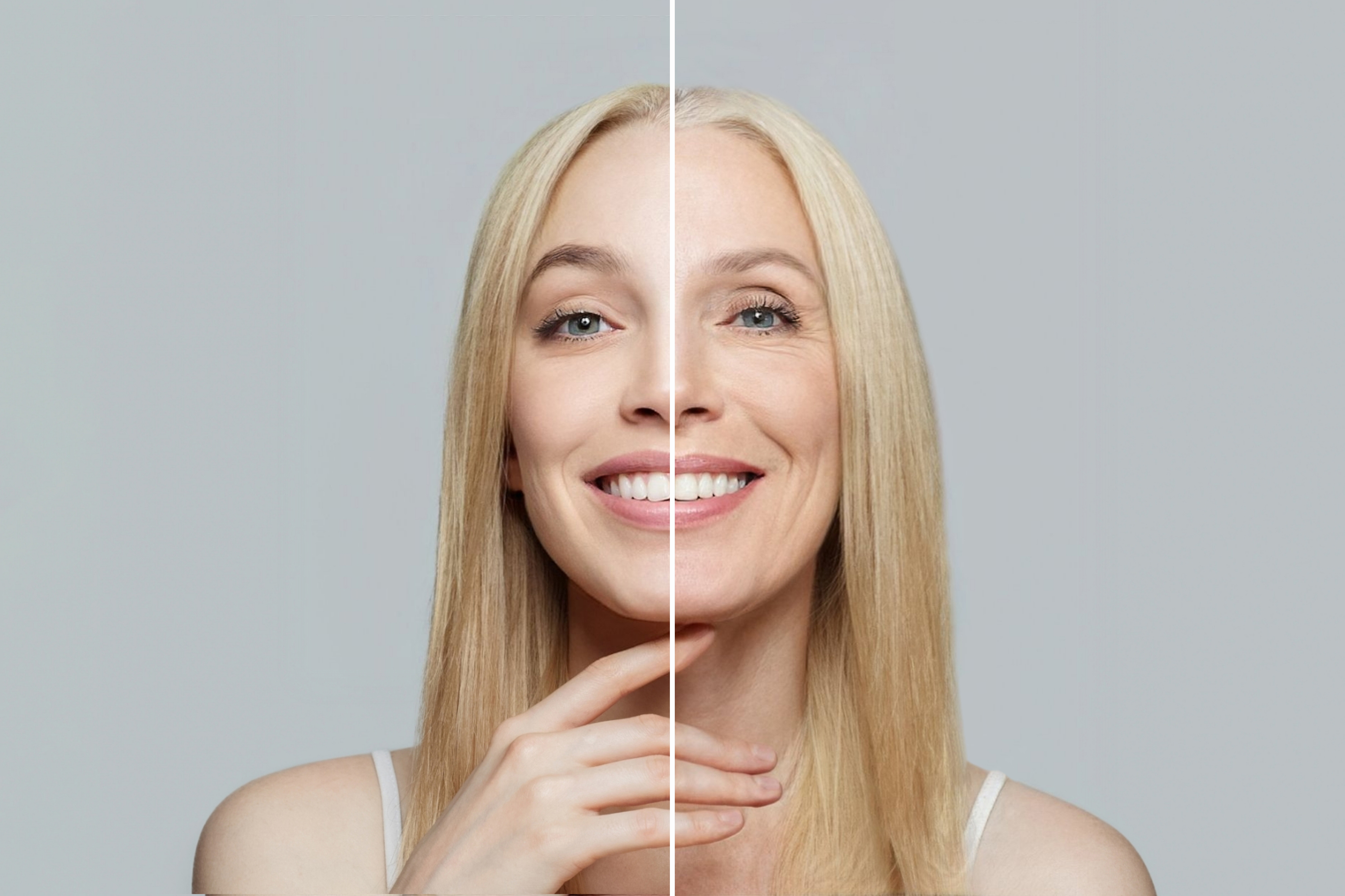 Blonde model woman with young clean skin and wrinkles. Aging and youth, aesthetic surgery, beauty treatment and cosmetology concept Blonde model woman with young clean skin and wrinkles. Aging and youth, aesthetic surgery, beauty treatment and cosmetology concept