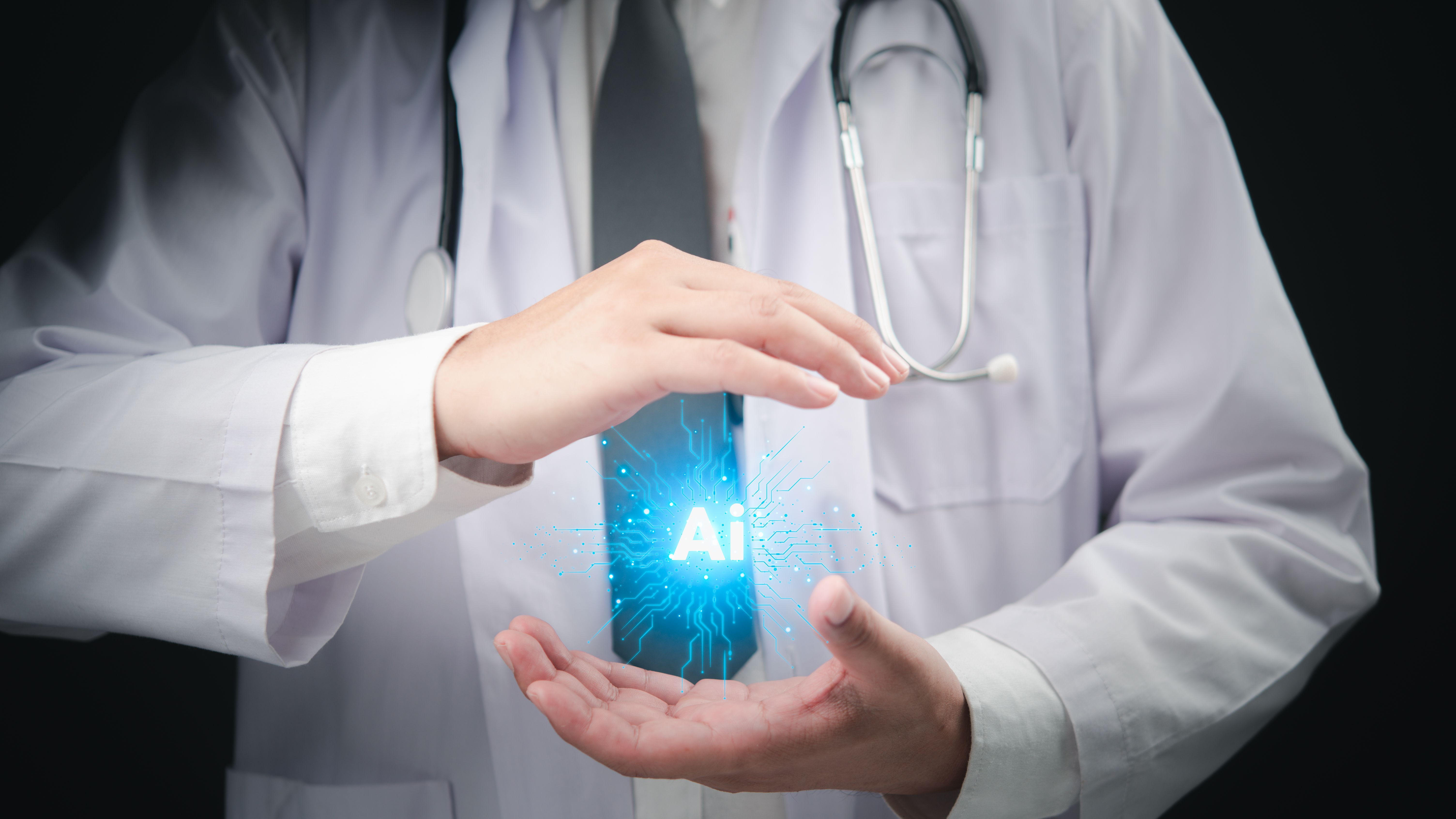 Doctor hands surrounding a glowing AI icon, symbolizing artificial intelligence in healthcare.