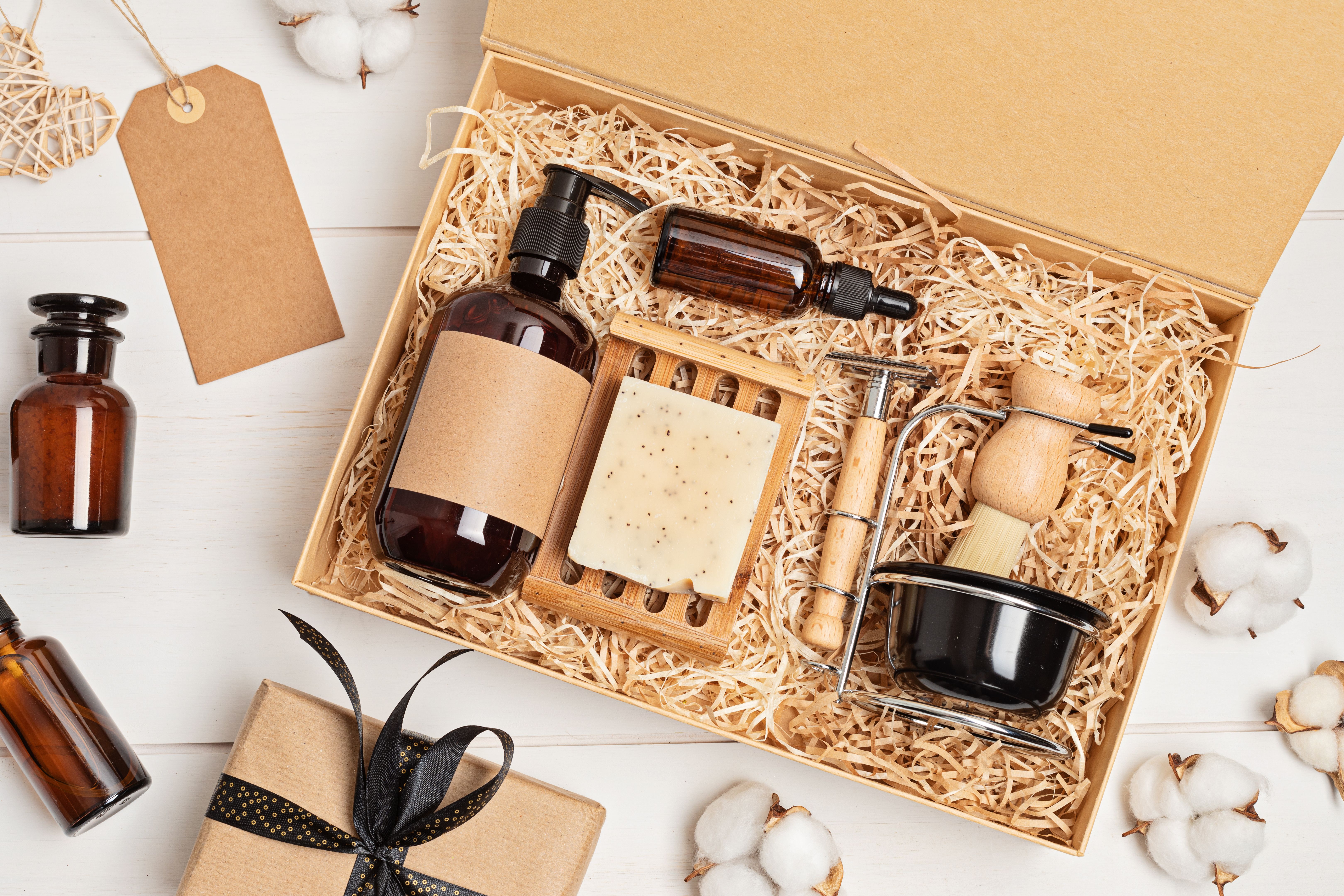 Self care package, seasonal gift box with zero waste organic cosmetics products for men