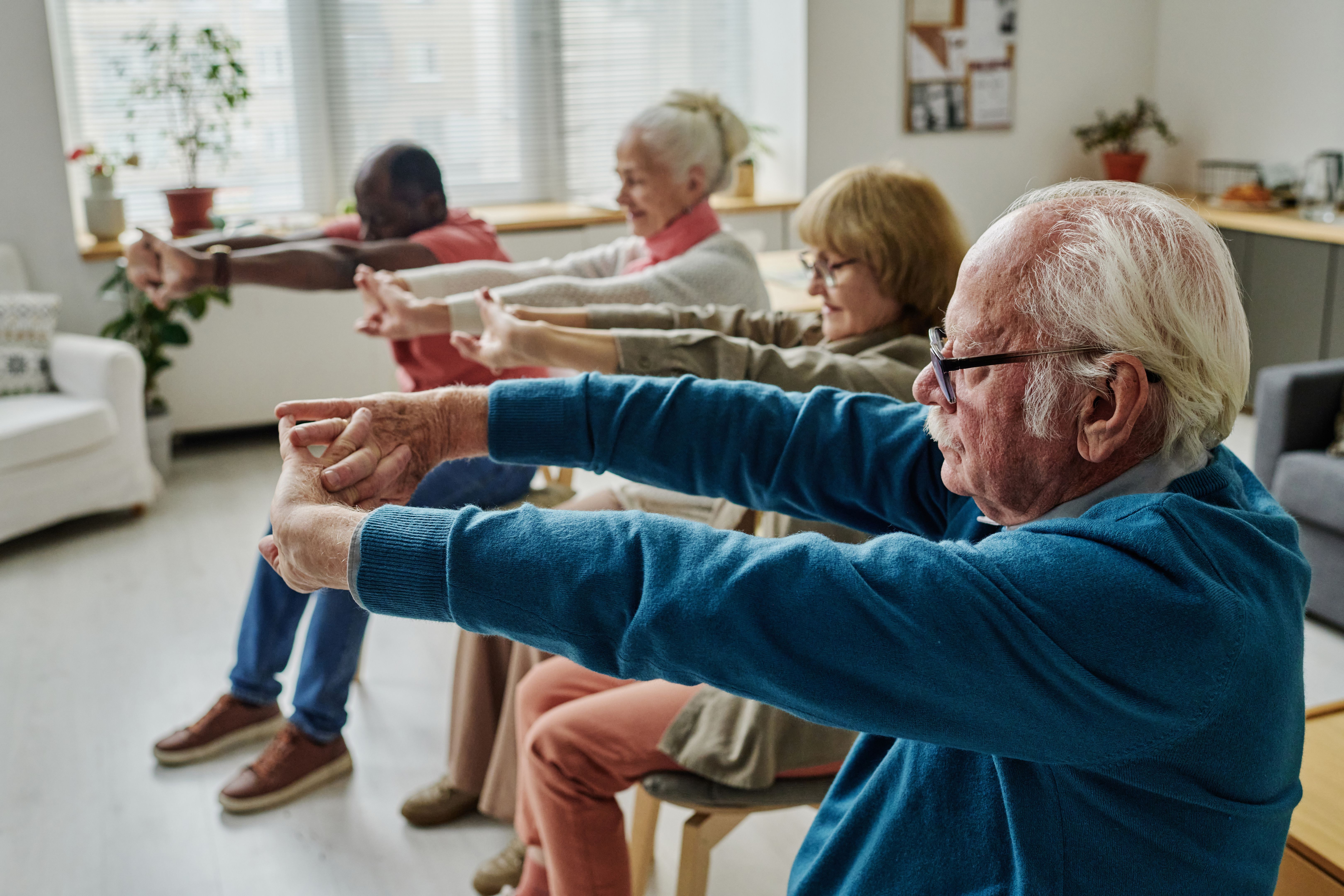 Senior people doing exercises in the morning Azalea House Altadena CA Senior people doing exercises in the morning Azalea House Altadena CA
