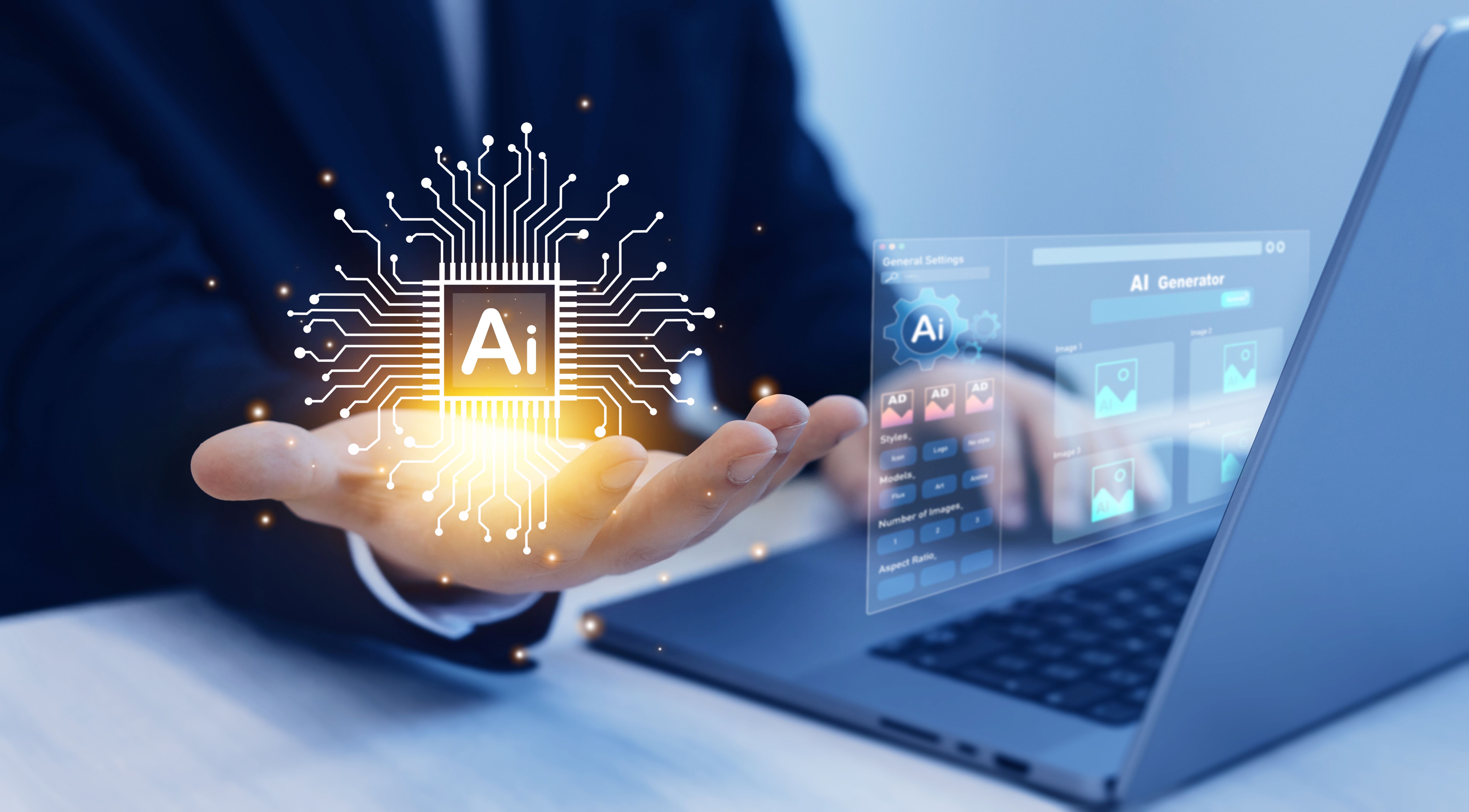 Person using laptop with Ai Content Generator. Interaction with the Ai assistant to solve some tasks more easily. Image generator, documents, marketing and advertising, bot writing and coding Person using laptop with Ai Content Generator. Interaction with the Ai assistant to solve some tasks more easily. Image generator, documents, marketing and advertising, bot writing and coding