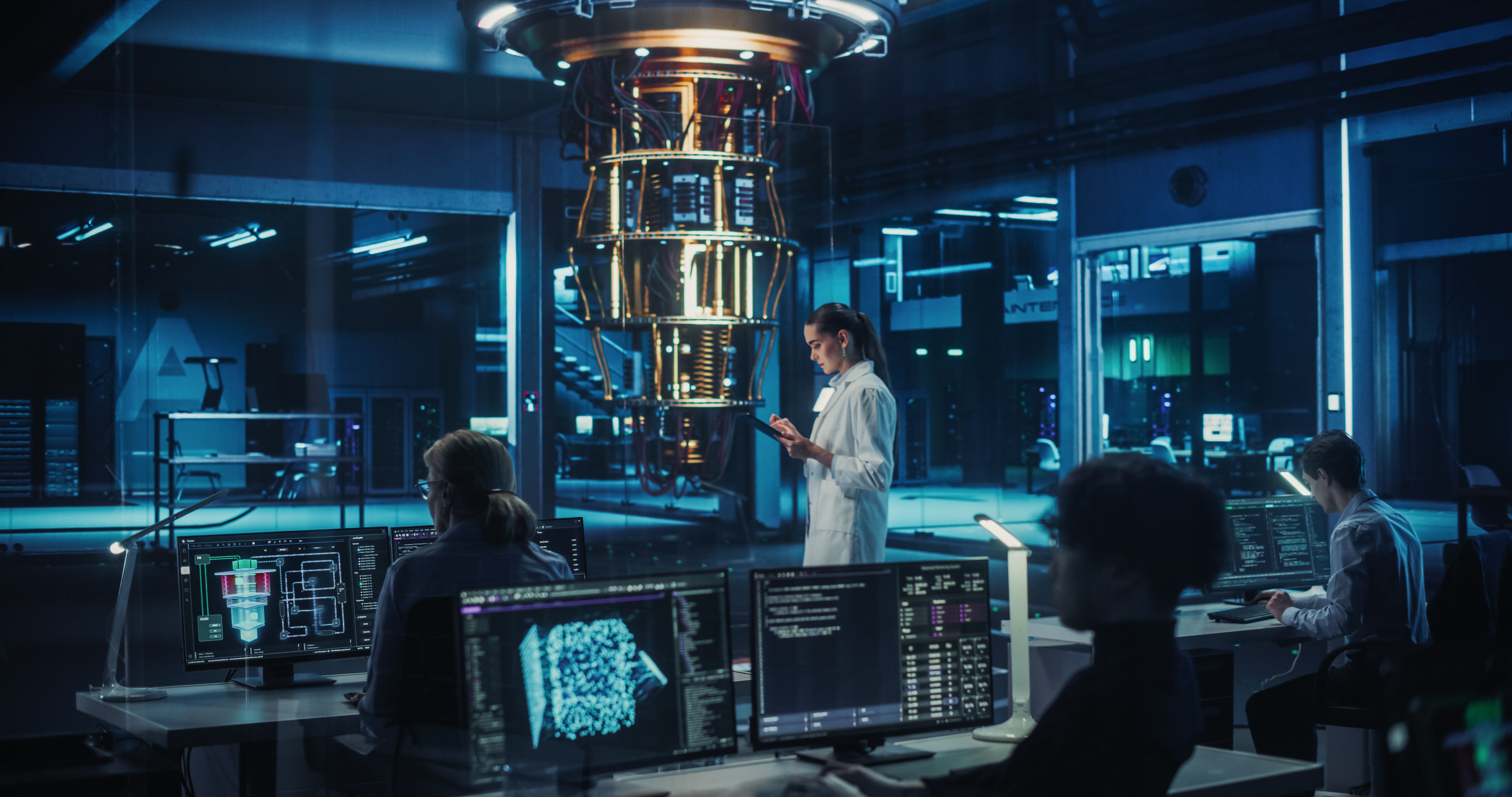 Female Engineer Working on Quantum Computer Hardware, Using Tablet Computer to Access Technical Specifications and Control Processor Parameters. Group of Developers Work on AI Behind a Desk Female Engineer Working on Quantum Computer Hardware, Using Tablet Computer to Access Technical Specifications and Control Processor Parameters. Group of Developers Work on AI Behind a Desk