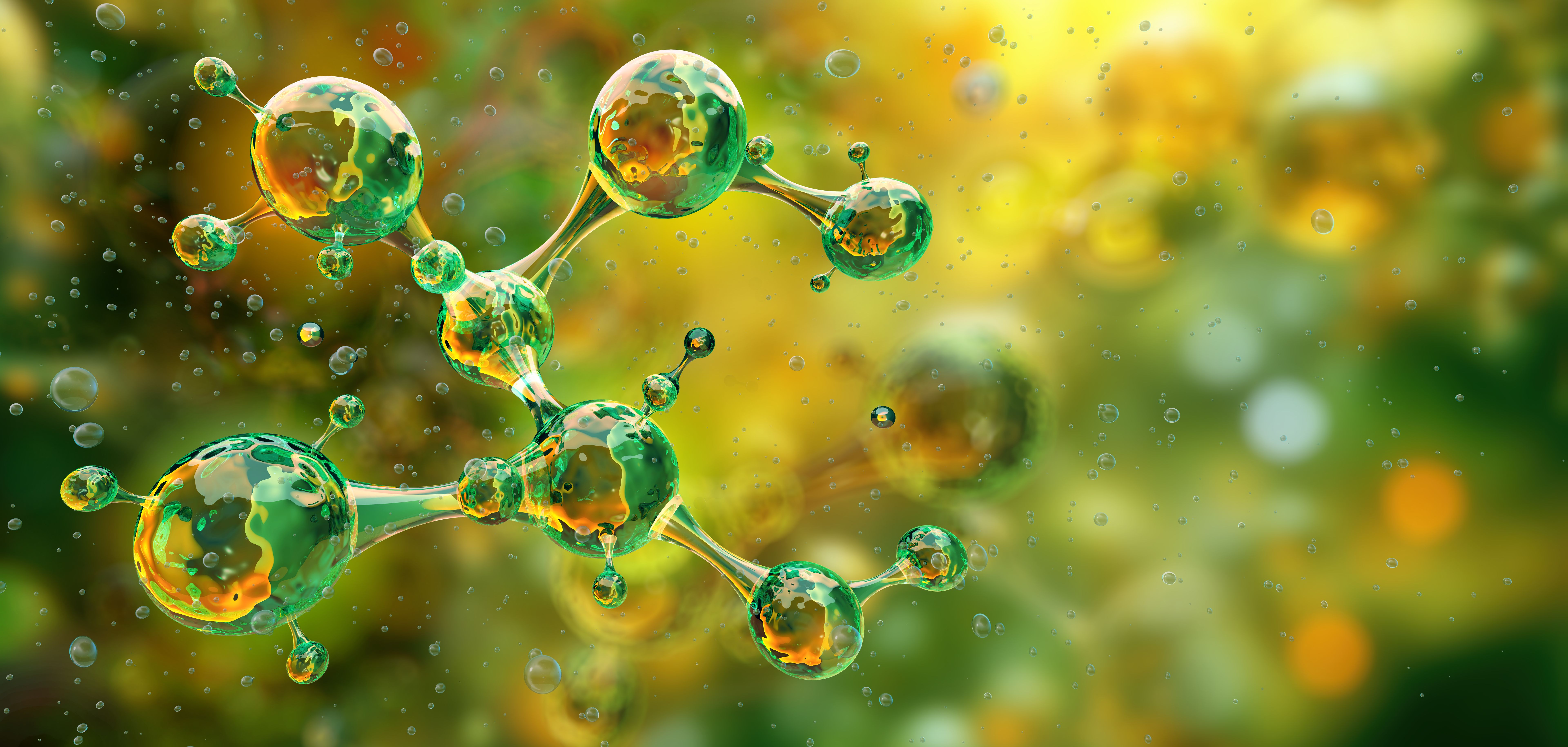 Molecules, 3D background. Atoms, chemical bonds, bio molecular structure.