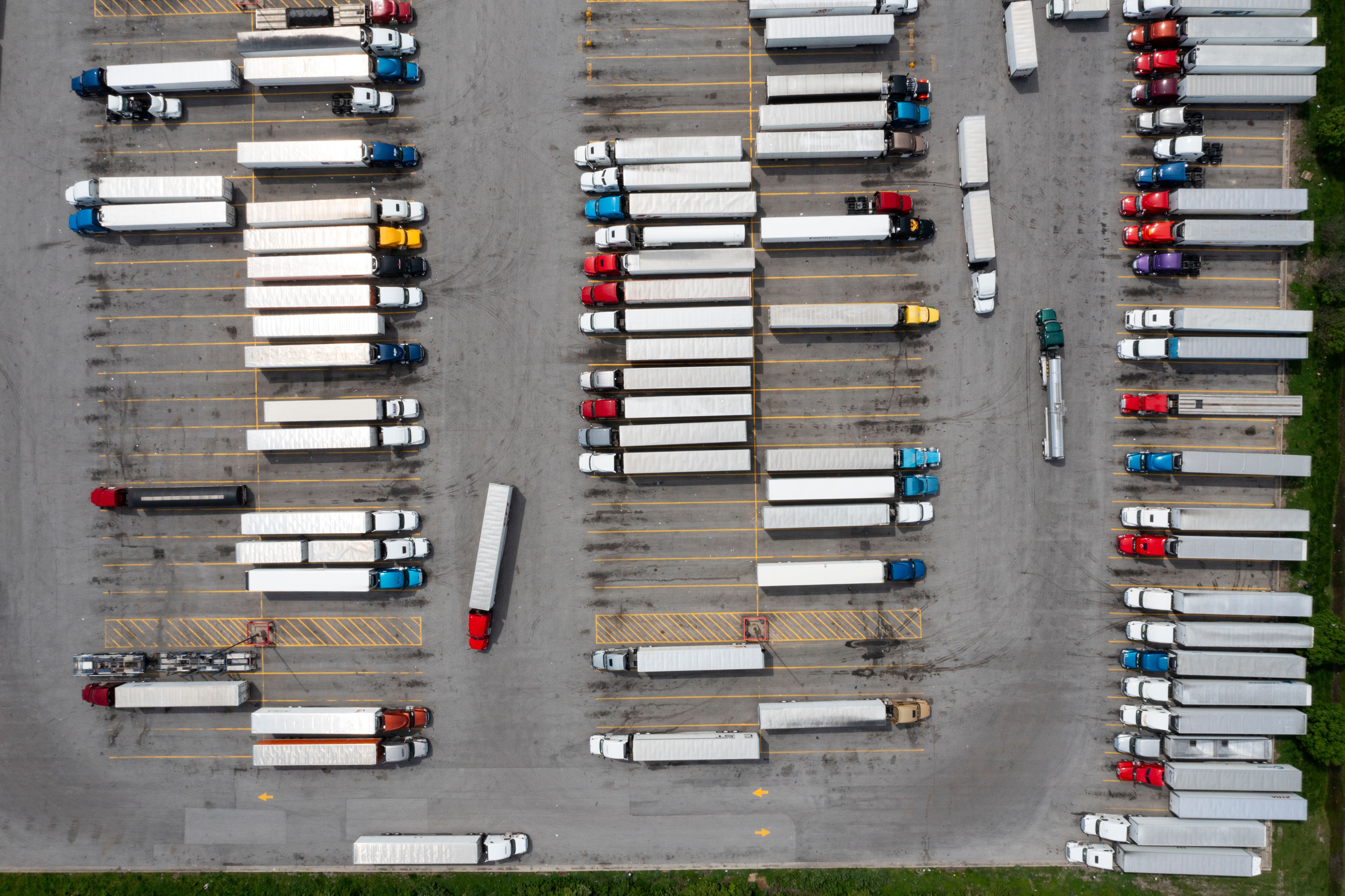 Trucks at a rest stop, aerial view
