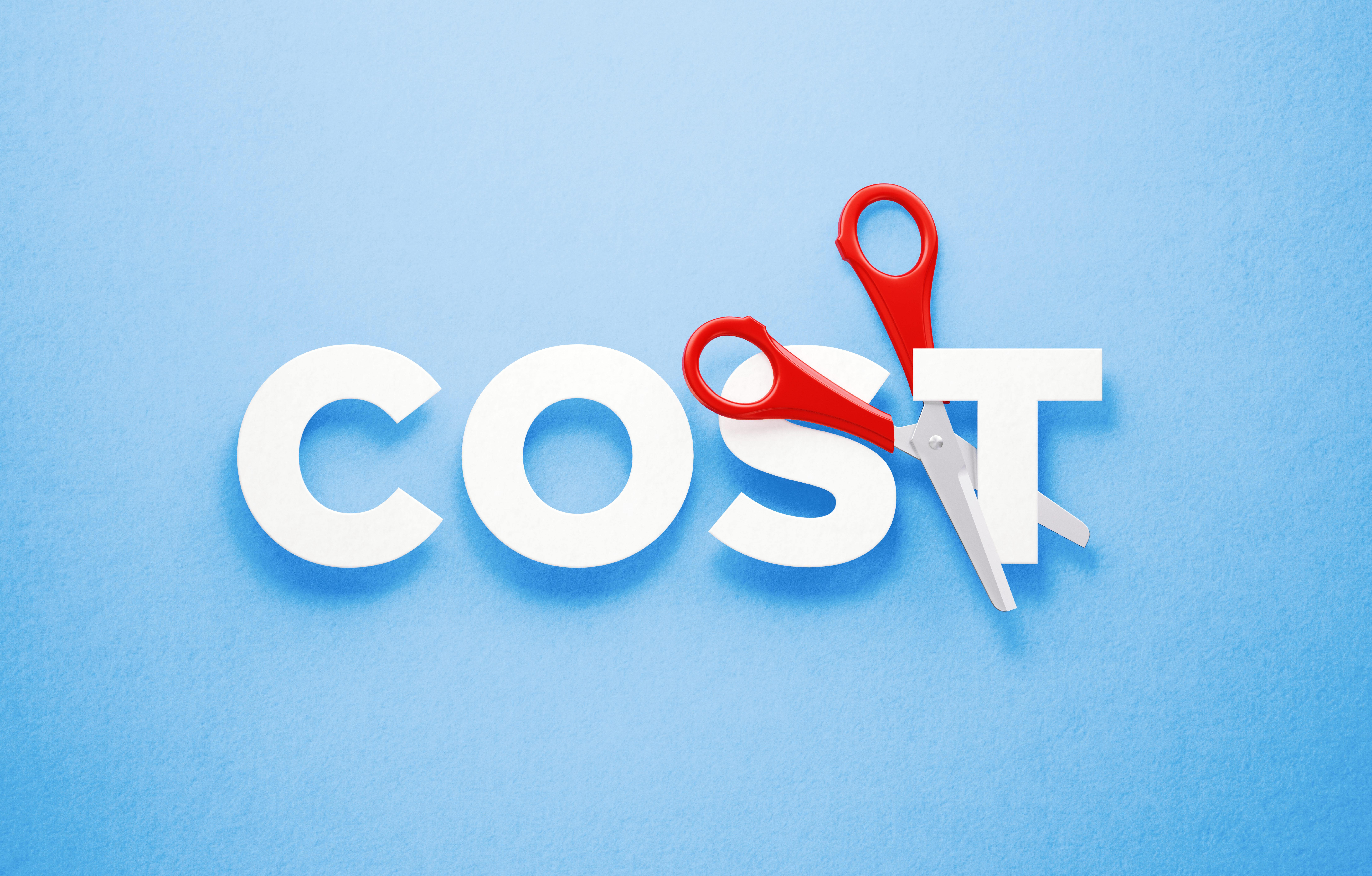 Cutting Costs Concept - Scissors Cutting The Word Cost Over Blue Background Cutting Costs Concept - Scissors Cutting The Word Cost Over Blue Background