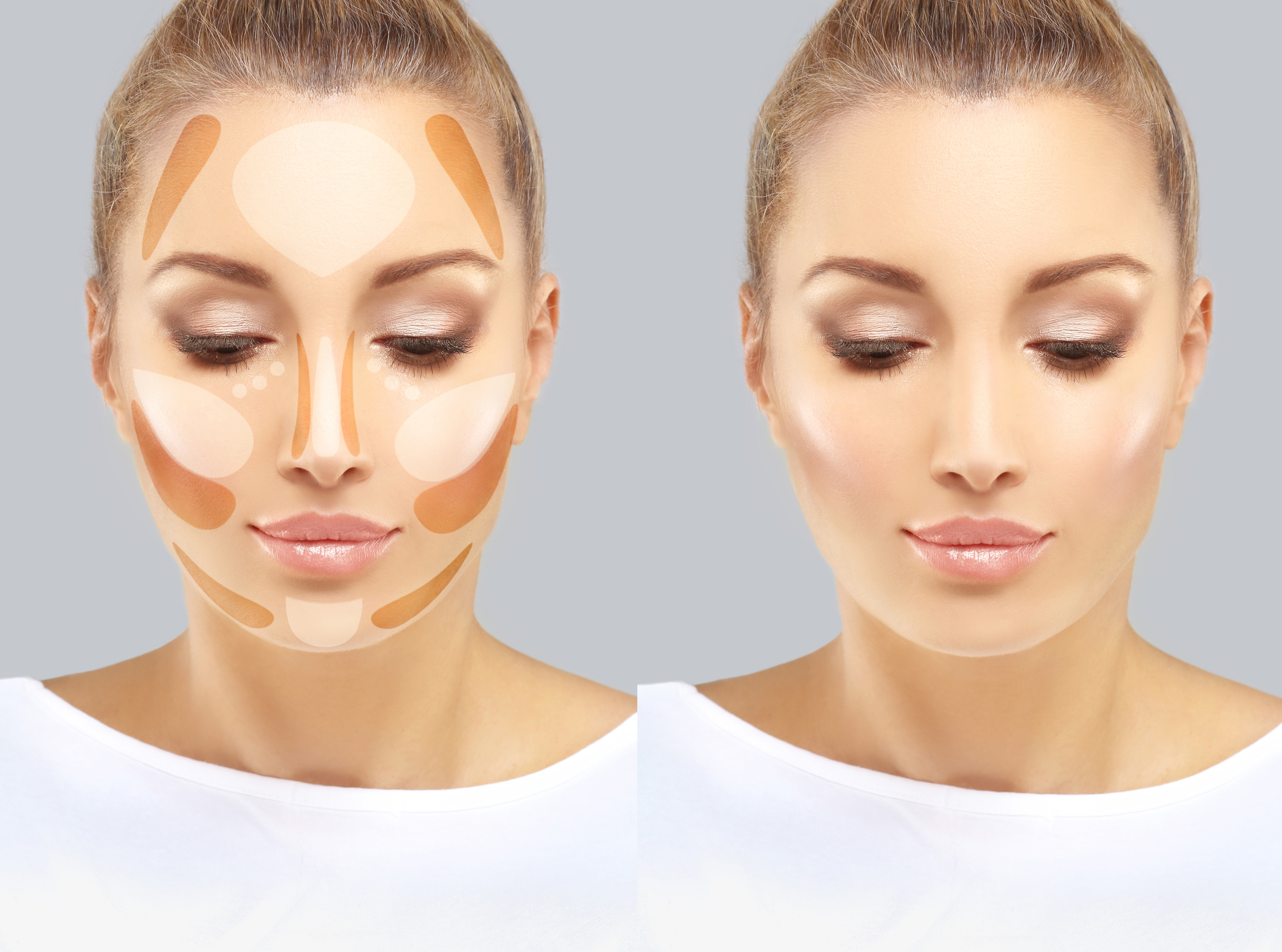 Contouring.Make up woman face.Foundation on white background