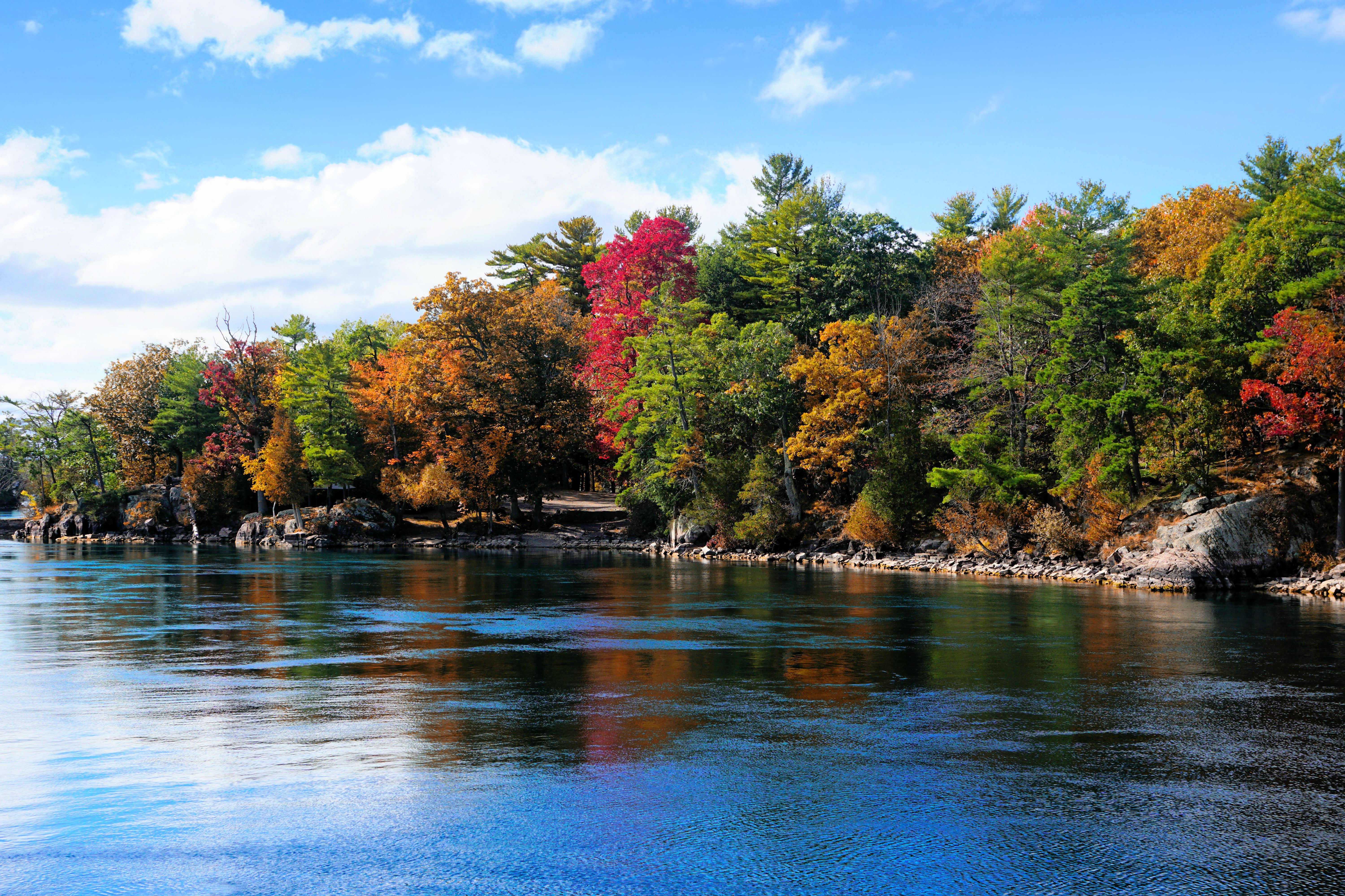 Thousand Islands along the Canada USA border during autumn with fall colors