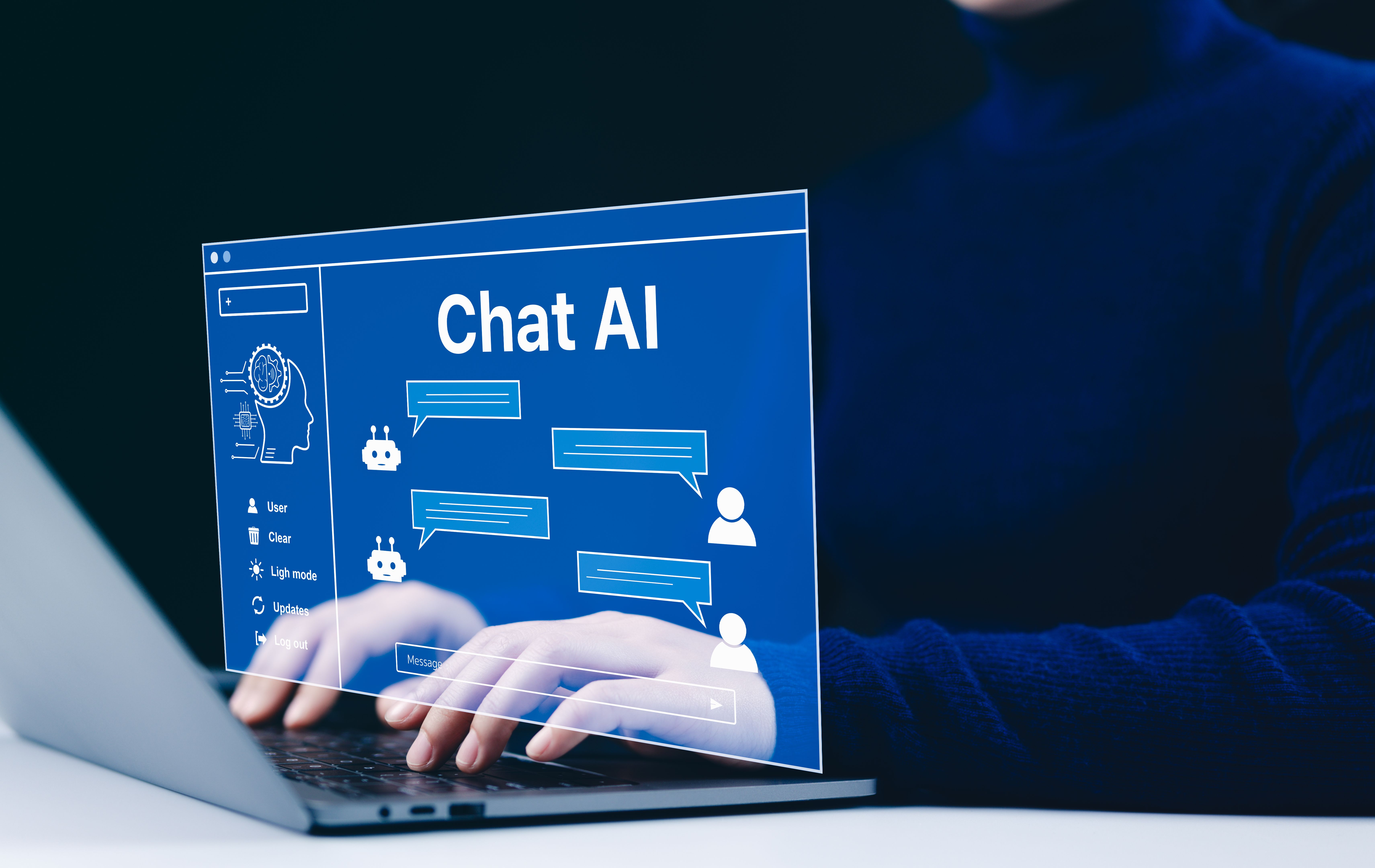 Chat with AI or Artificial Intelligence technology. A person using a laptop computer chatting with an intelligent artificial intelligence asks for the answers he wants. Chat bot,