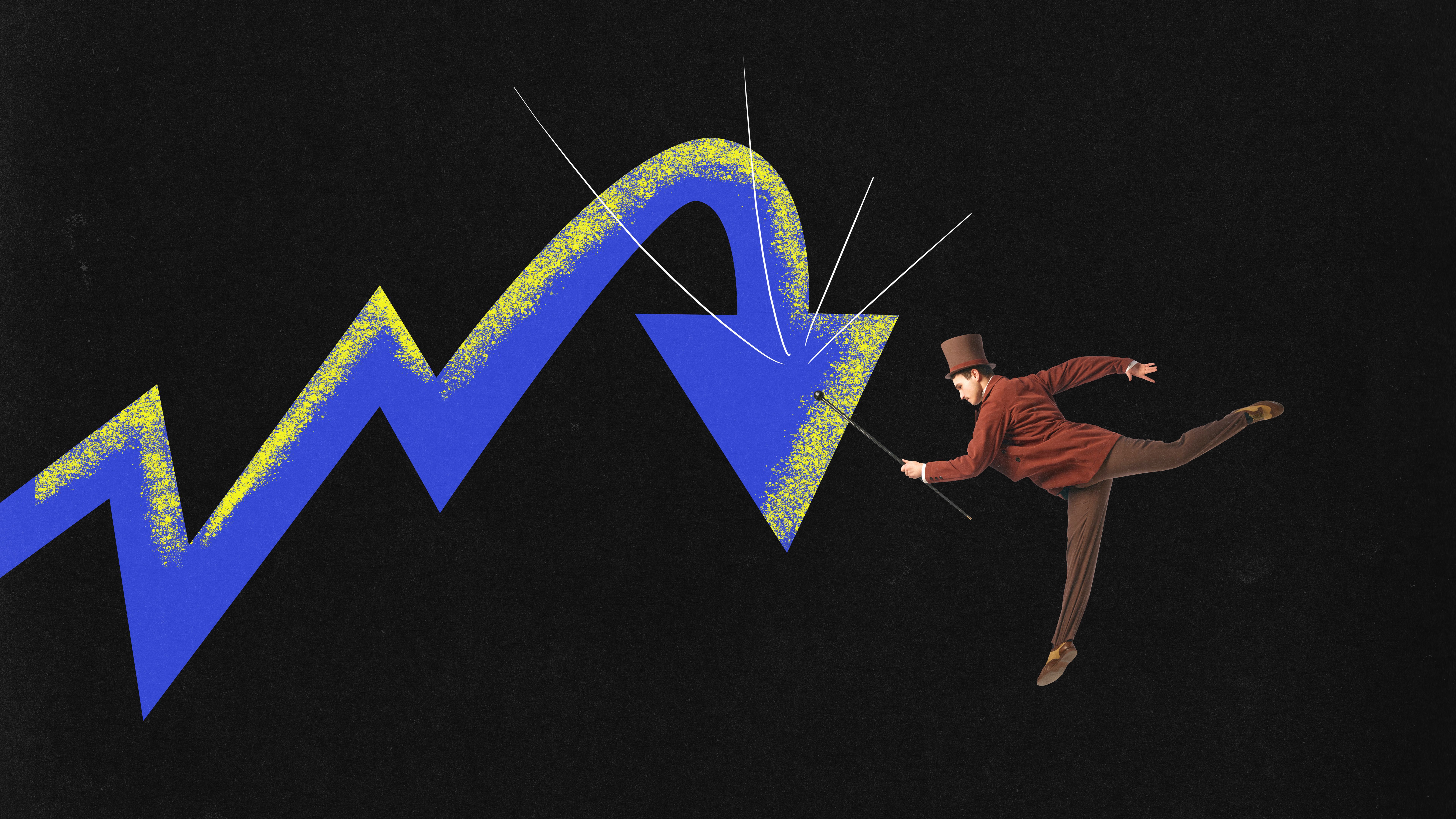 Young retro businessman and huge blue arrow as symbol of economic crisis over dark mode background. Concept of business Young retro businessman and huge blue arrow as symbol of economic crisis over dark mode background. Concept of business