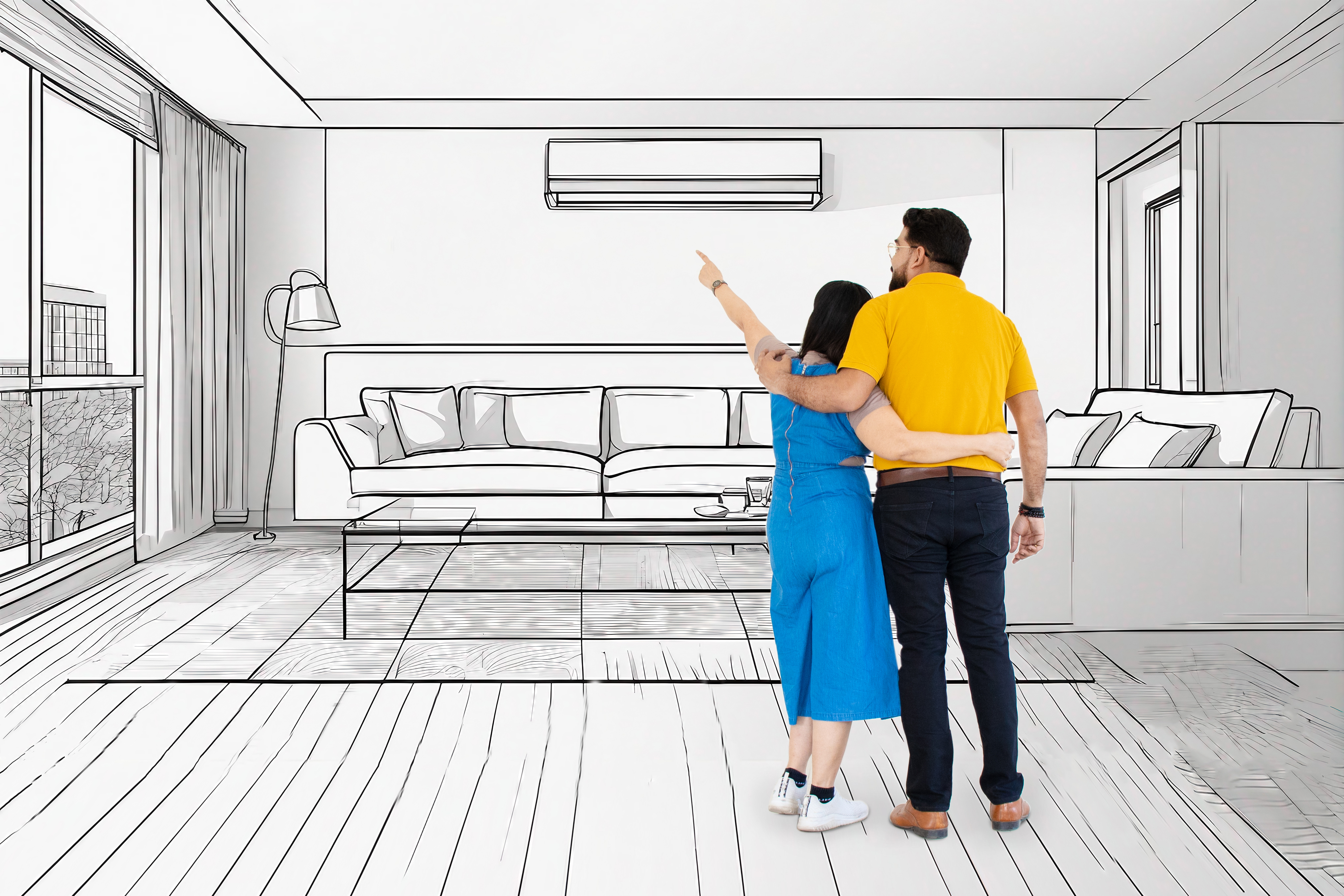 Back View Of Young Indian Couple Planning And Dreaming Of Their New Home Or Apartment. Imagining Interior Of New house. Moving Day