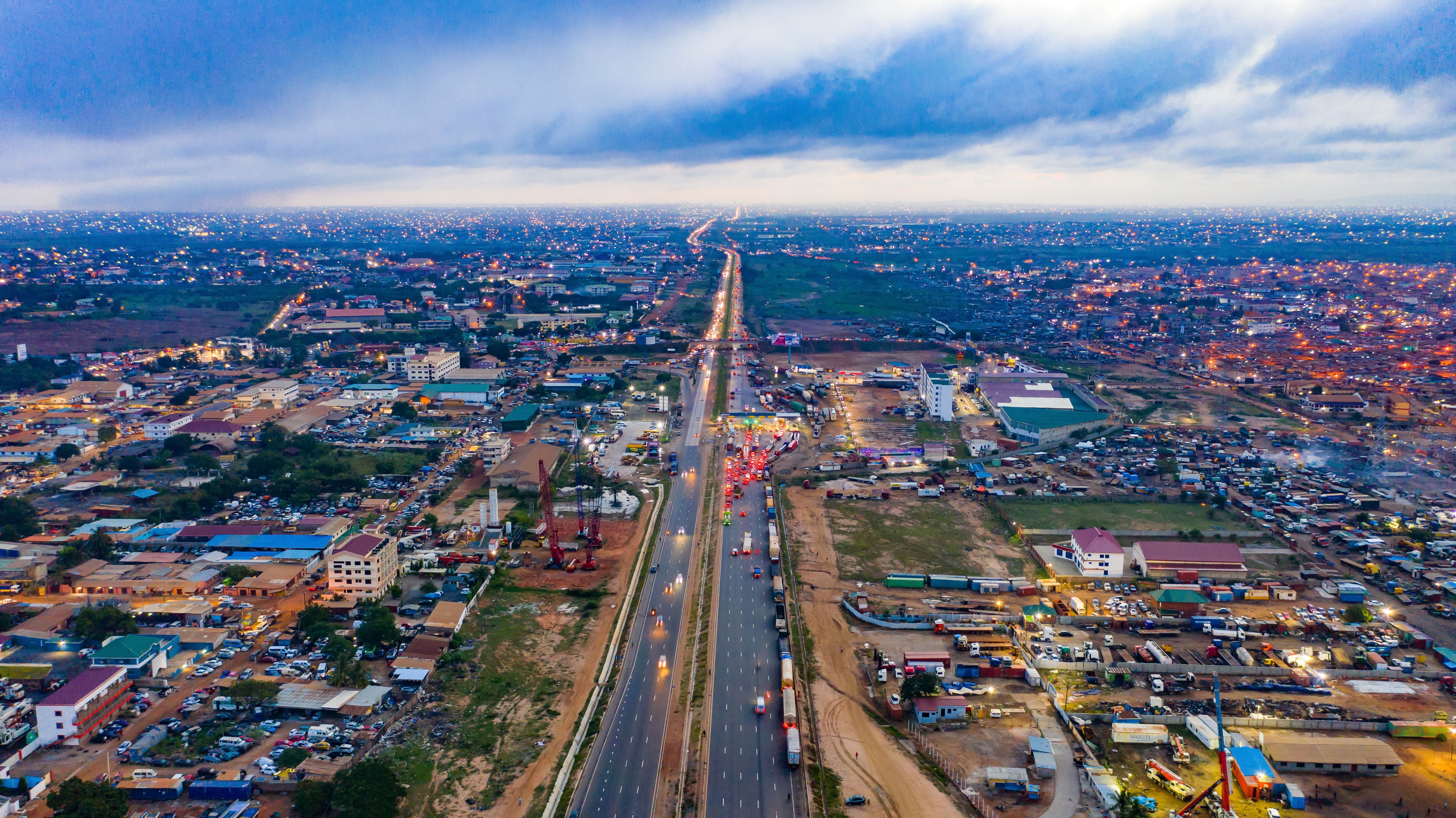 Ghana, Aerial of Accra Tema motorway at night.