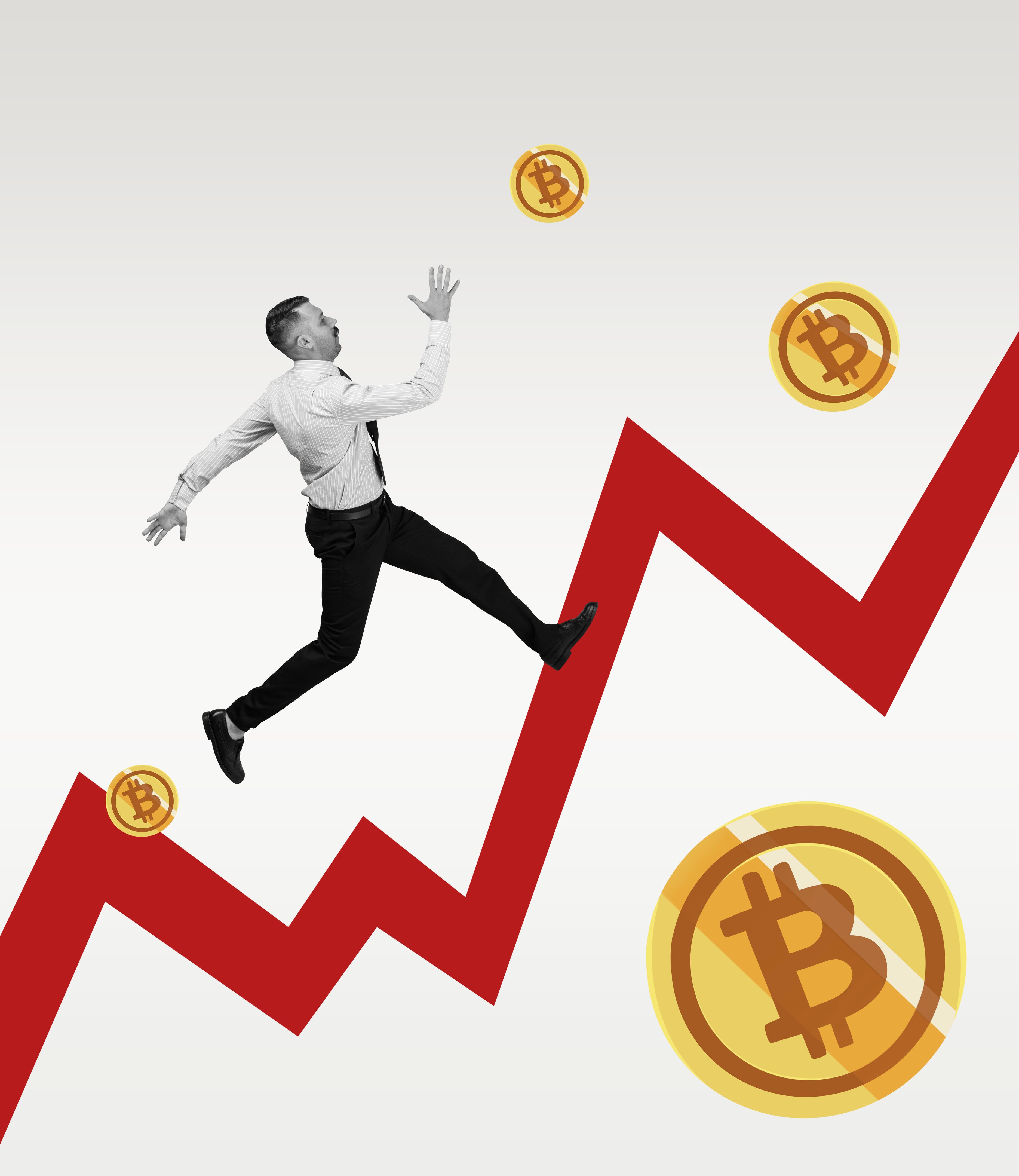 Young man, businessman running along cryptocurrency growth chart. Concept of finance, economy, professional occupation, business and career.