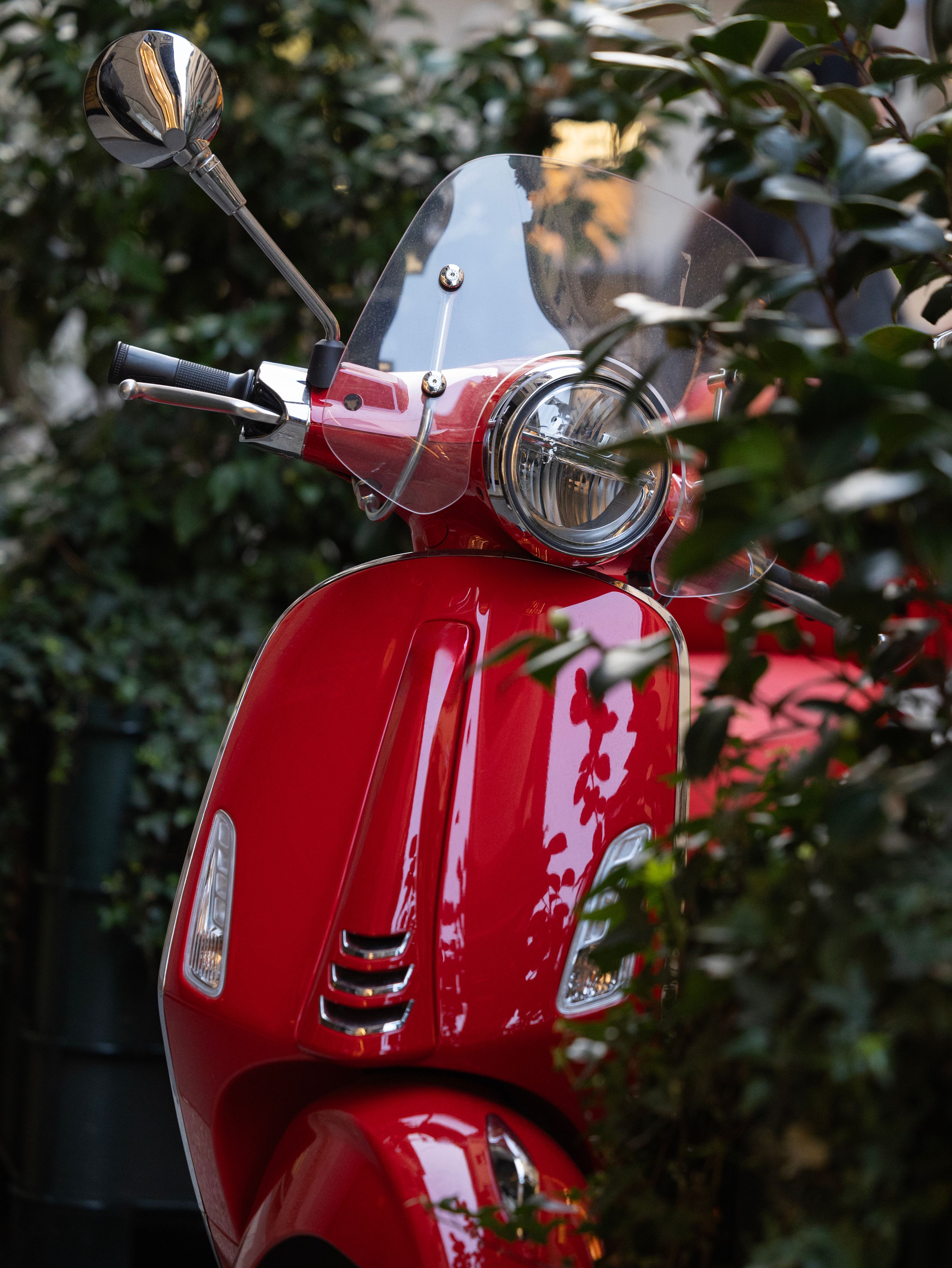 Partial view of a red electric motor scooter parked on the street between plantings in Milan, Italy.