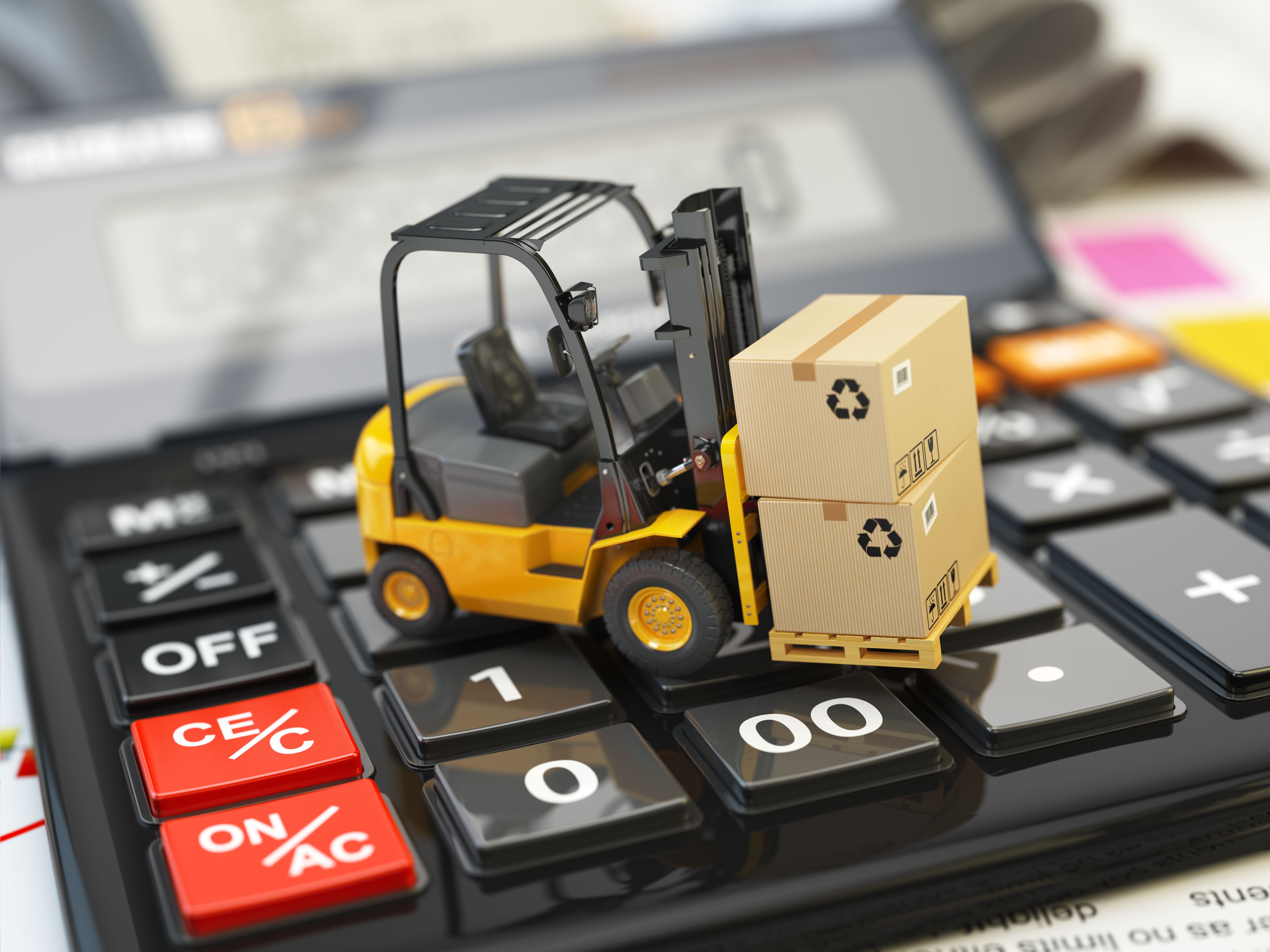 Forklift with cardboxes on calculator. Calculation of shipping d