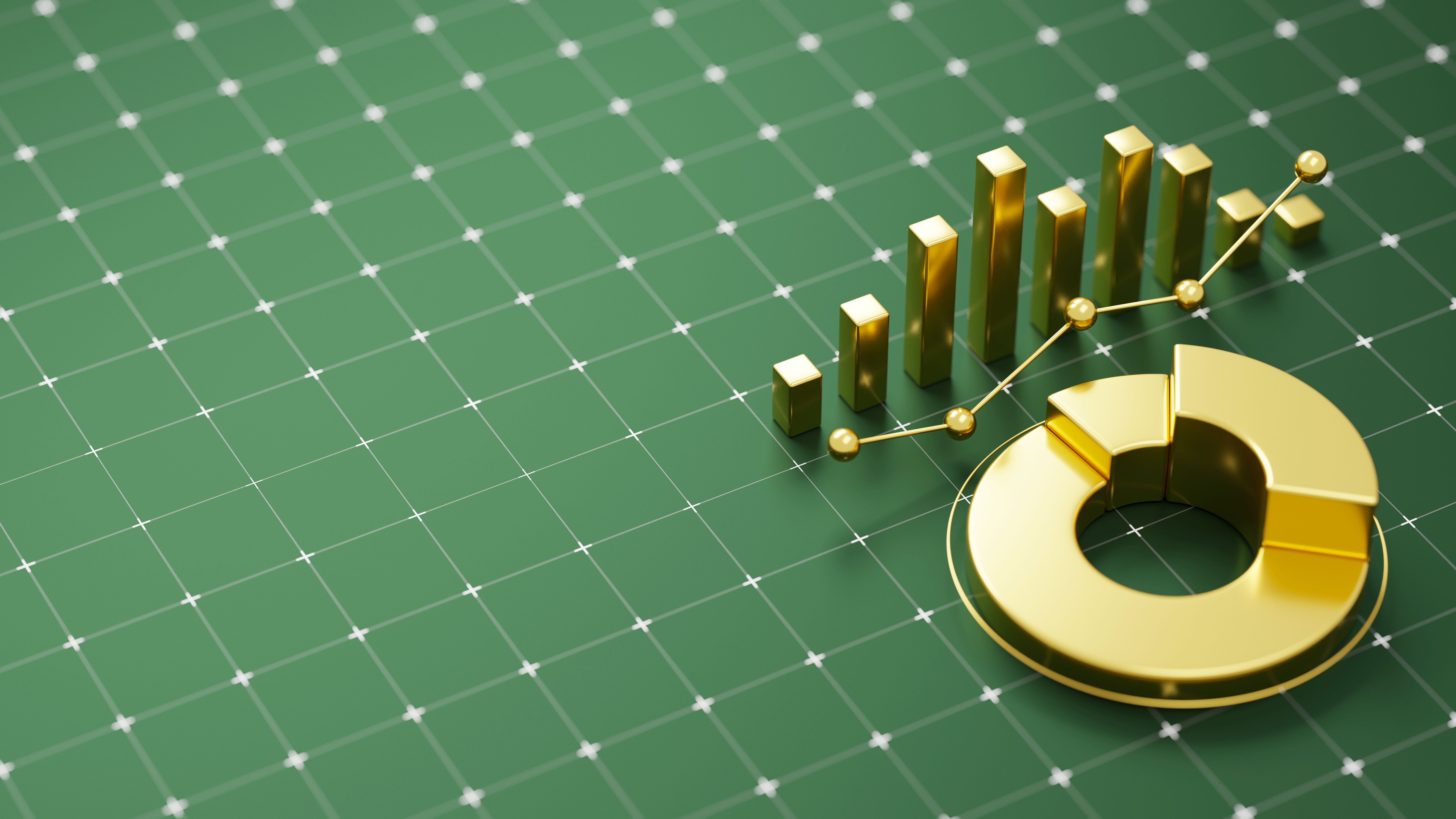 Golden financial graphs and diagram on the green background with a grid pattern