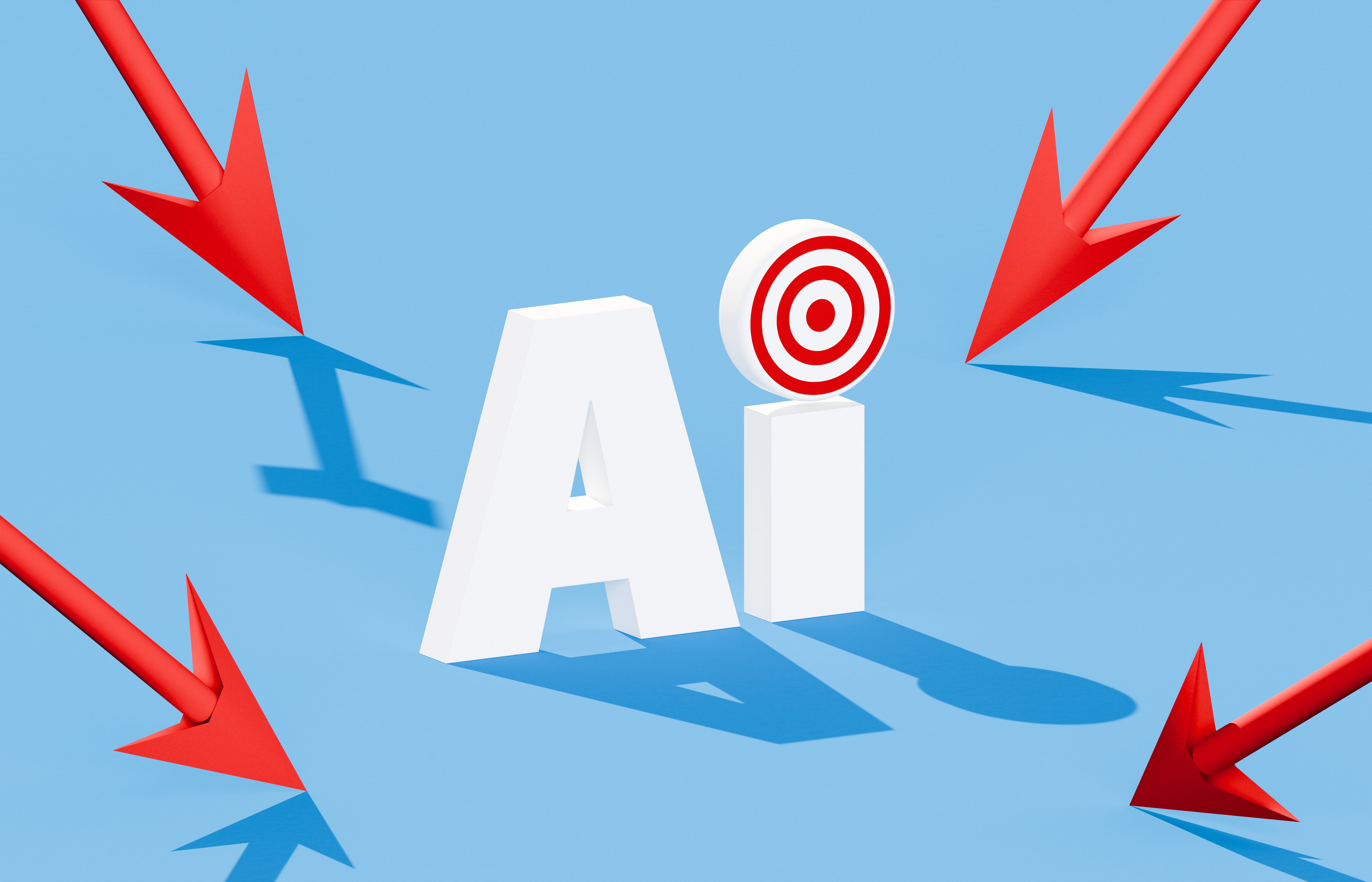 AI Text with Targeted 'I' Surrounded by Red Arrows on Blue Background