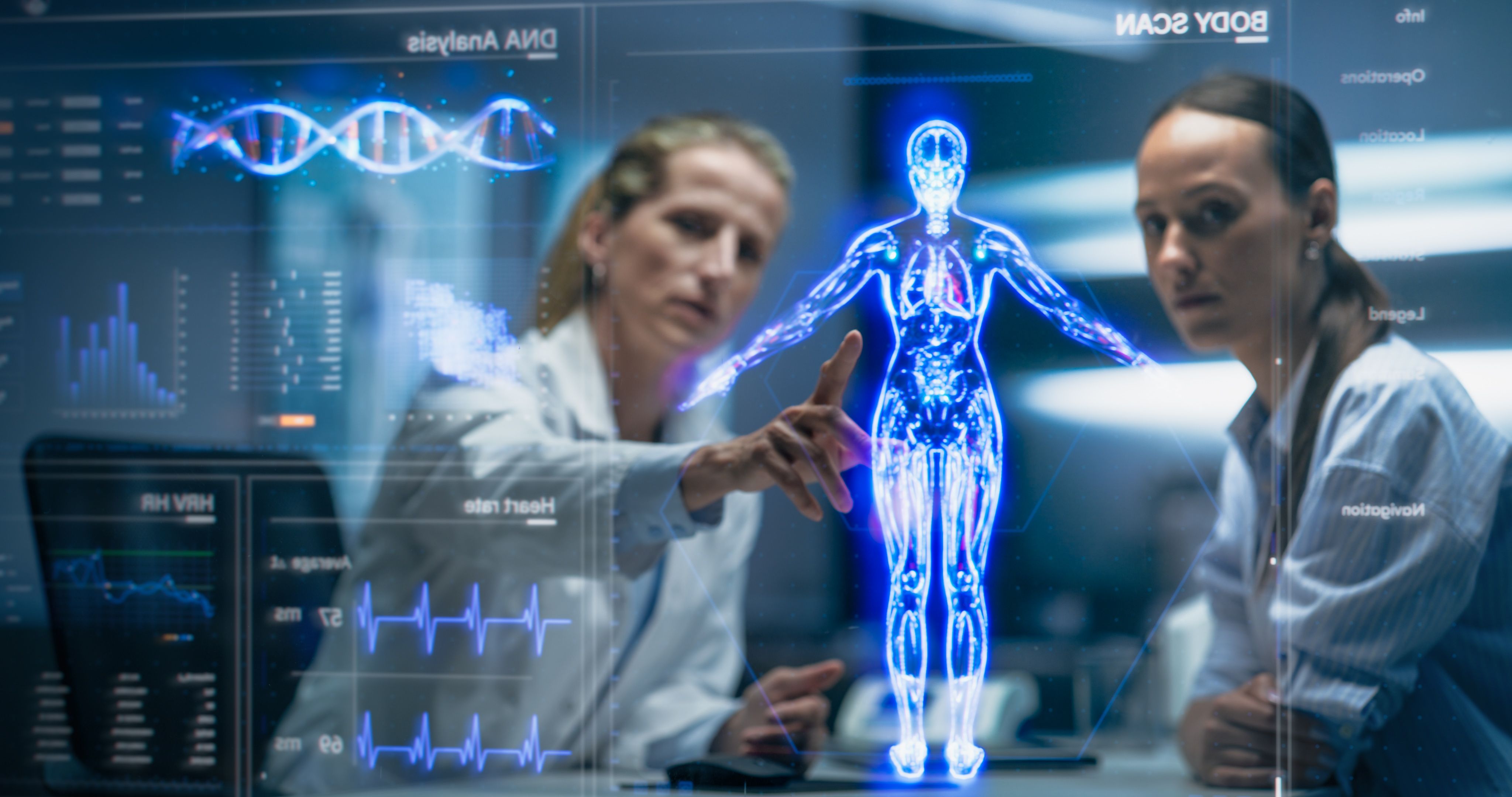 Physician and Patient Analyze a Holographic Body Model. Technology Discussions on Optimizied Health Care, Diagnostic Accuracy. Personalized Treatment Approaches In A Futuristic Healthcare Environment