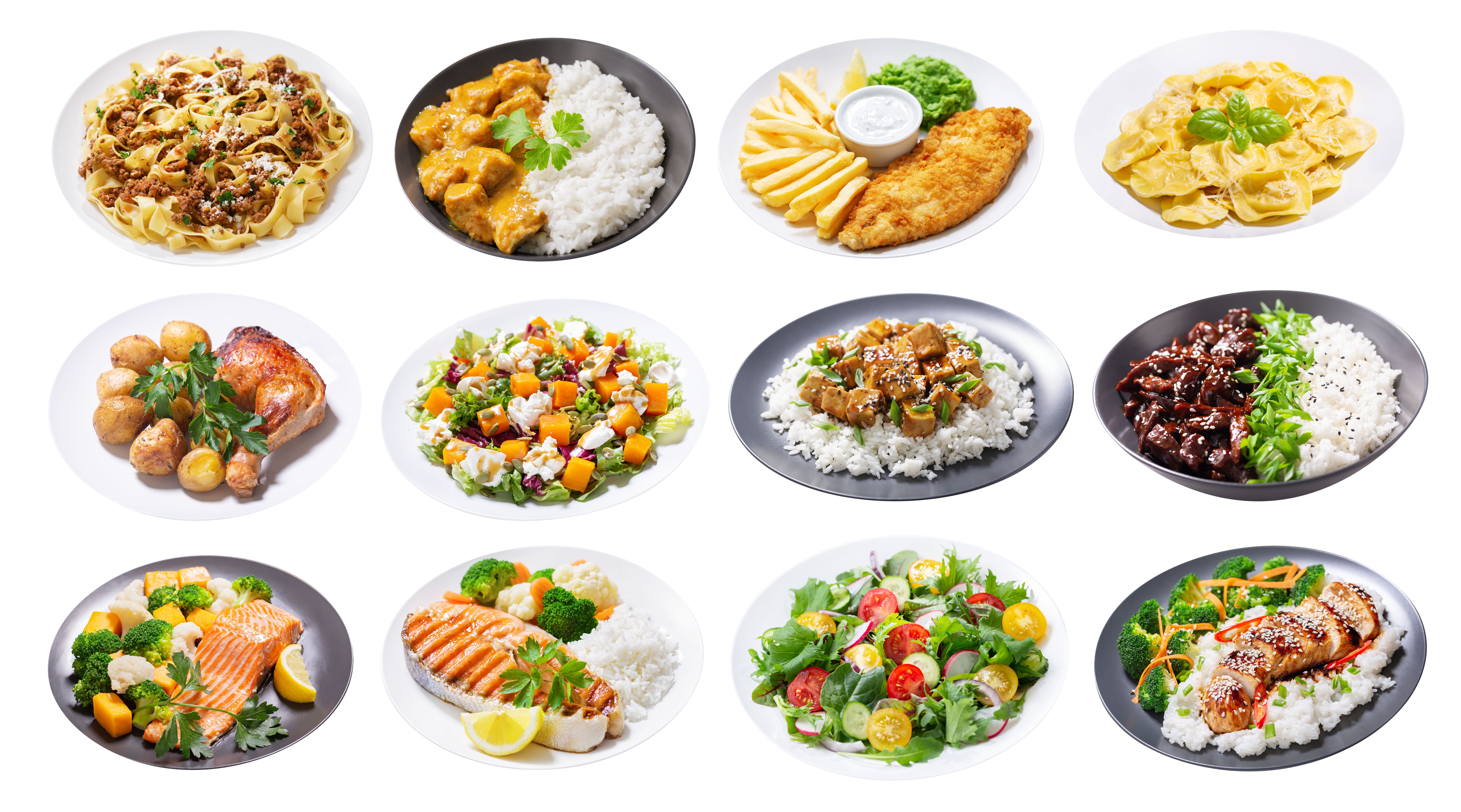 set of plates of food isolated on a white background set of plates of food isolated on a white background