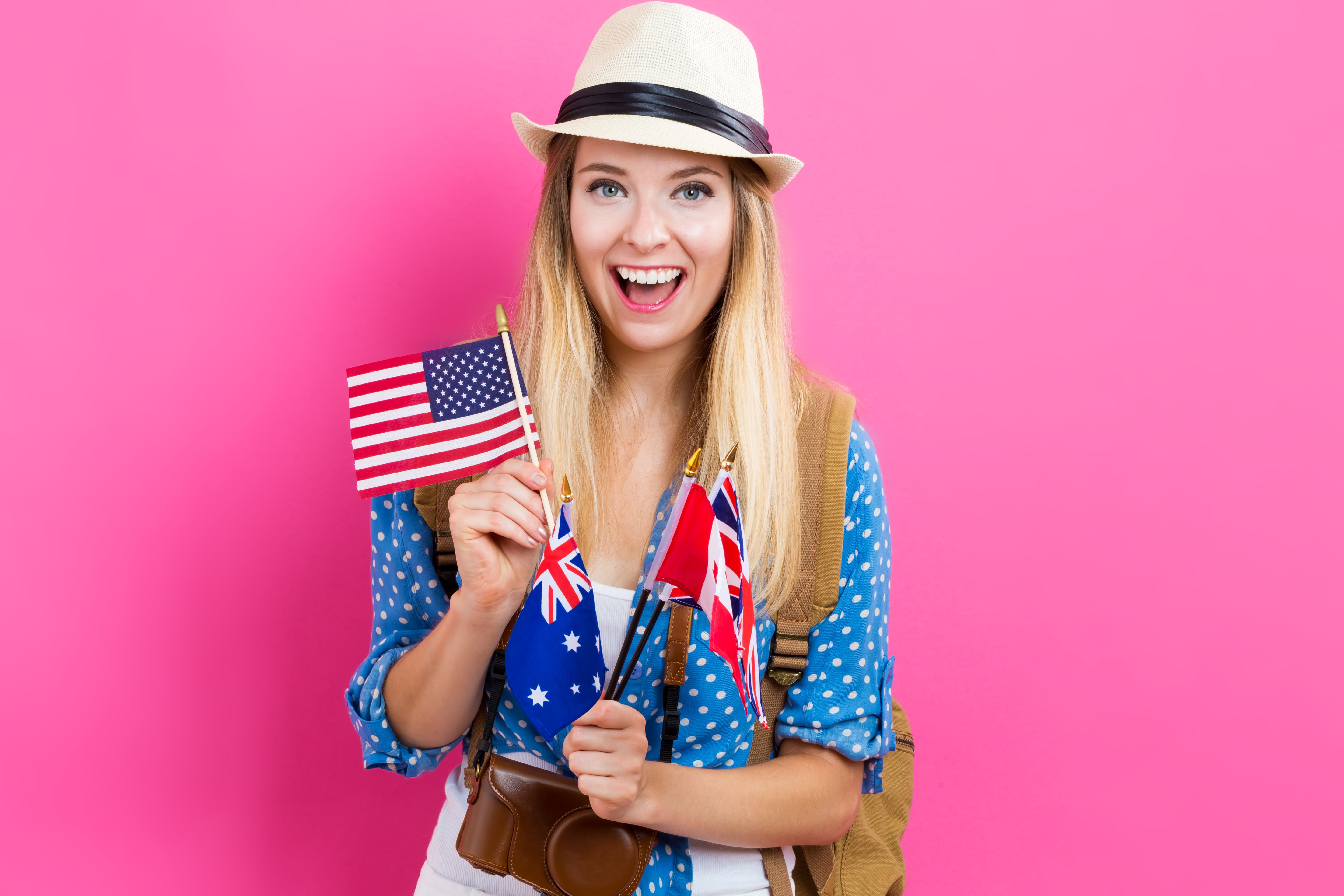 Woman with flags of English speaking countries