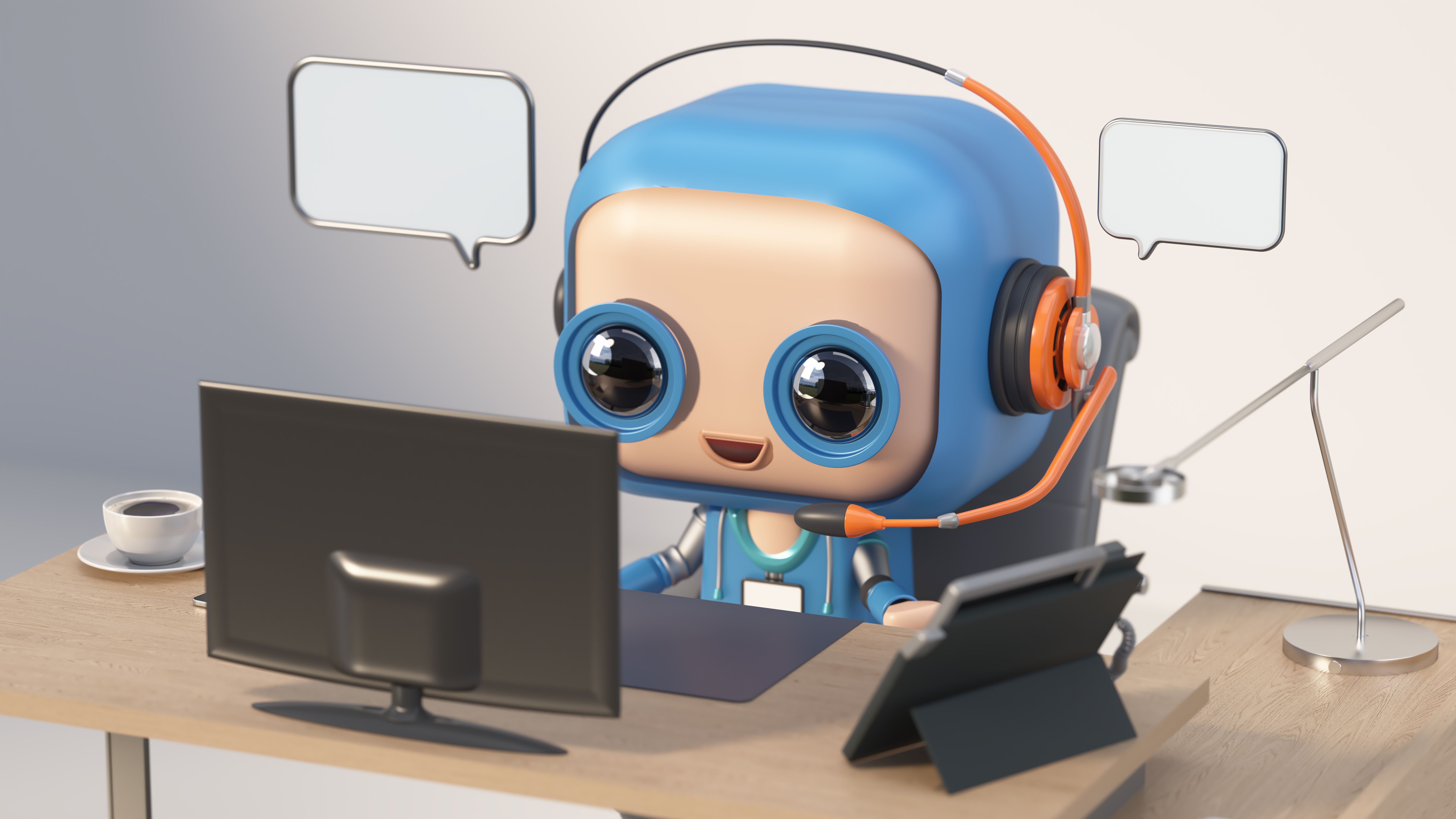 Friendly robot customer service representative engaging with users at a modern desk setup. AI and human collaboration concept
