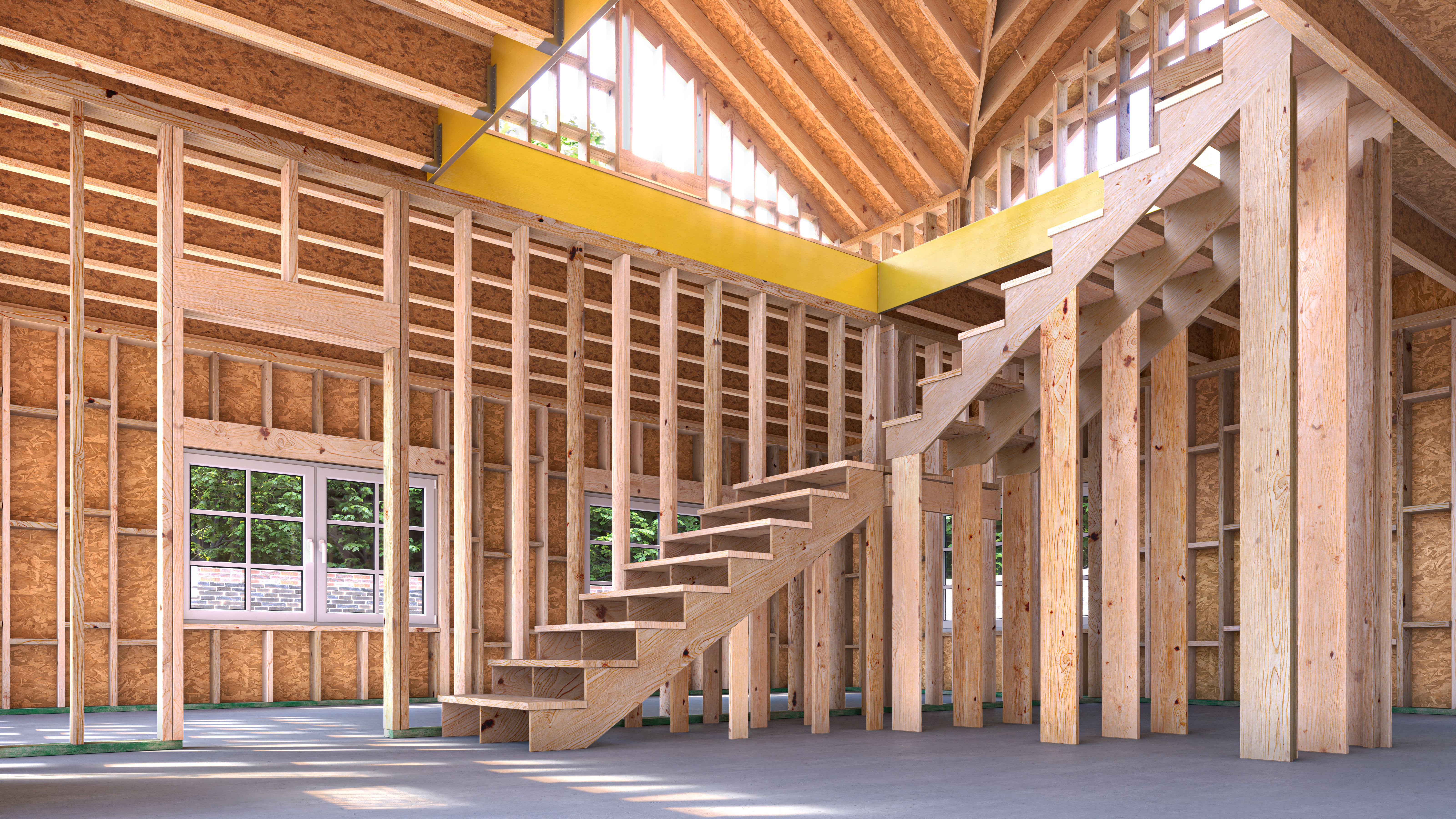 Inside assembling a frame house. 3d illustration