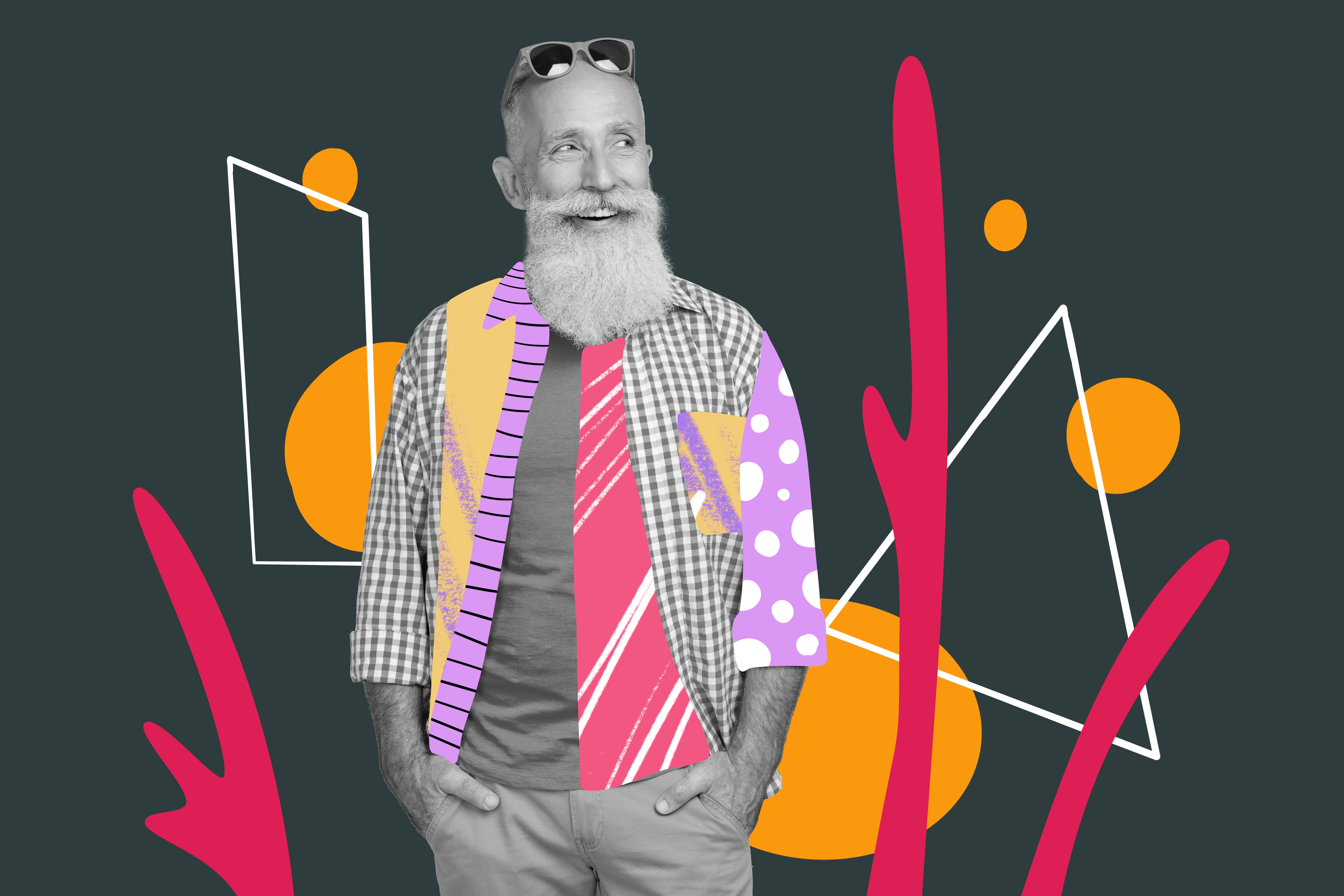 Creative image collage retired man grandfather tourist traveler happy vacation trip sunglasses smile positive mood leisure weekend