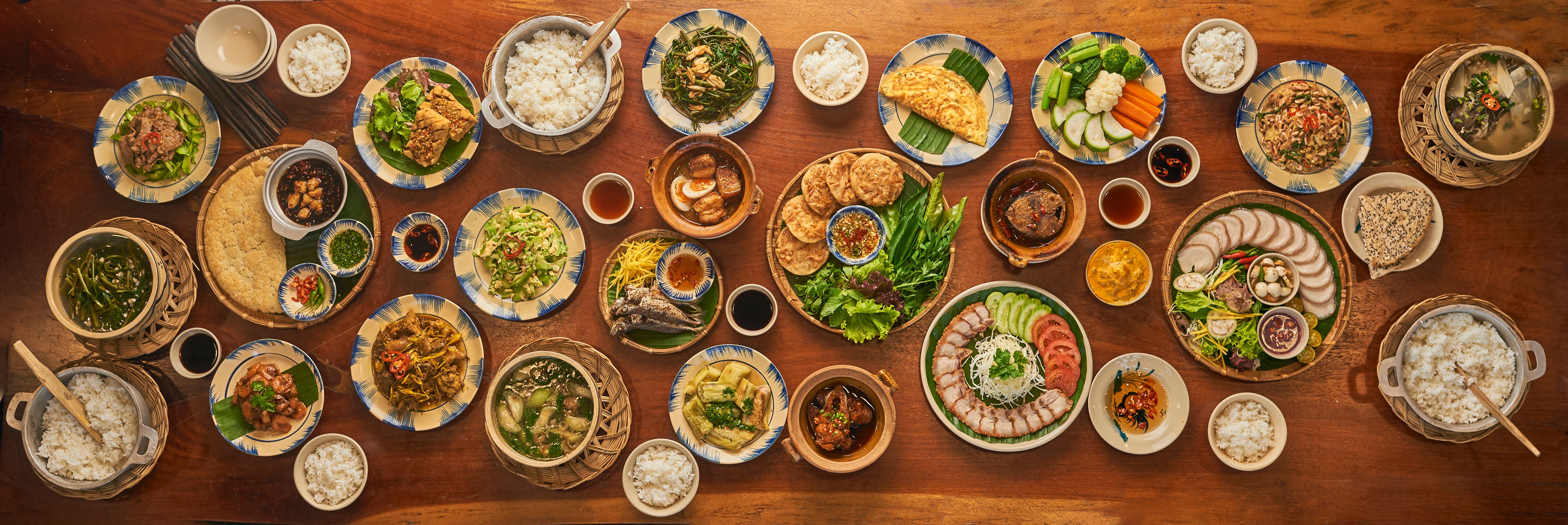 Topshot of large table vietnamese traditional food