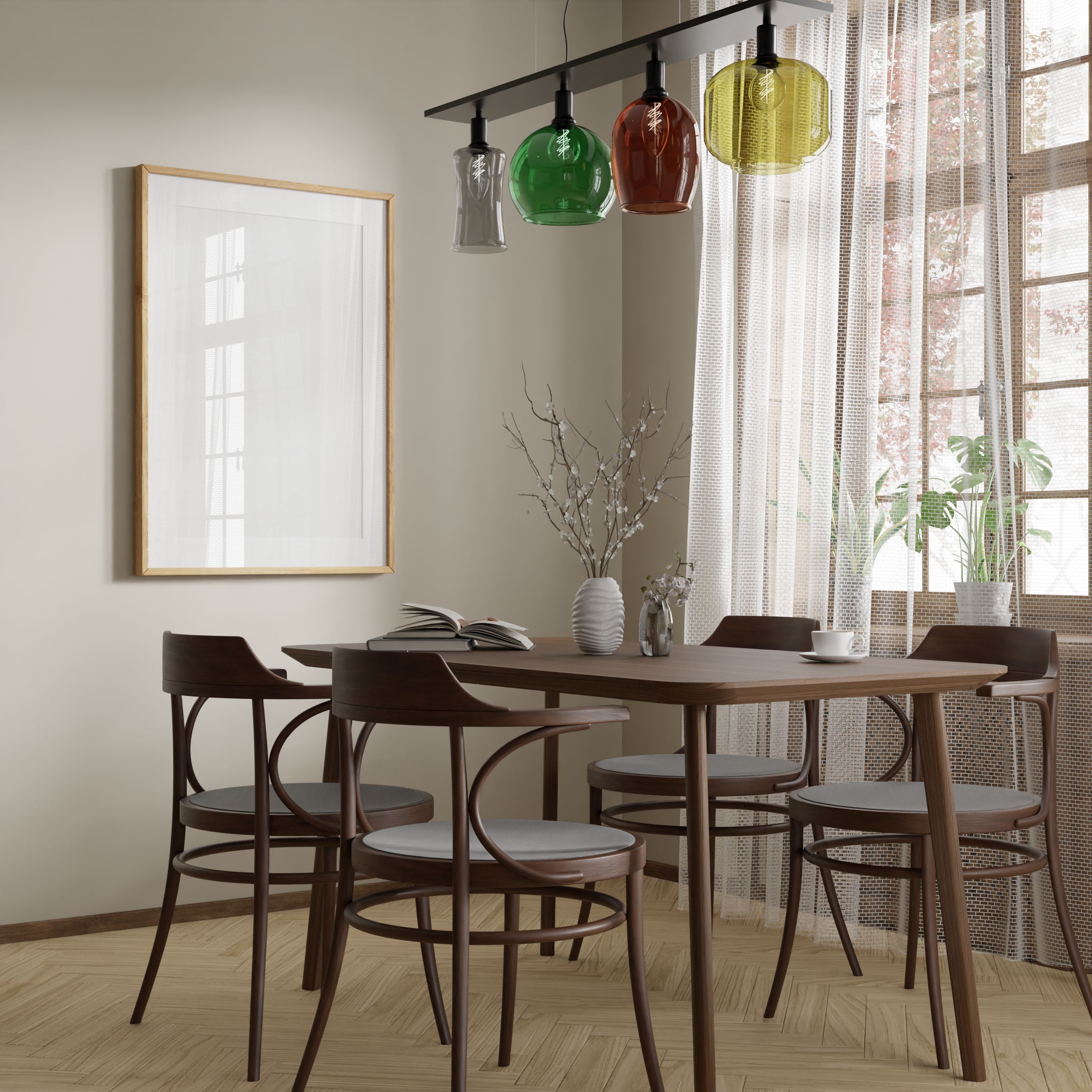 Frame interior, mockup frame, poster wood in empty one frame picture interior in dining room in illustration 3d rendering Frame interior, mockup frame, poster wood in empty one frame picture interior in dining room in illustration 3d rendering