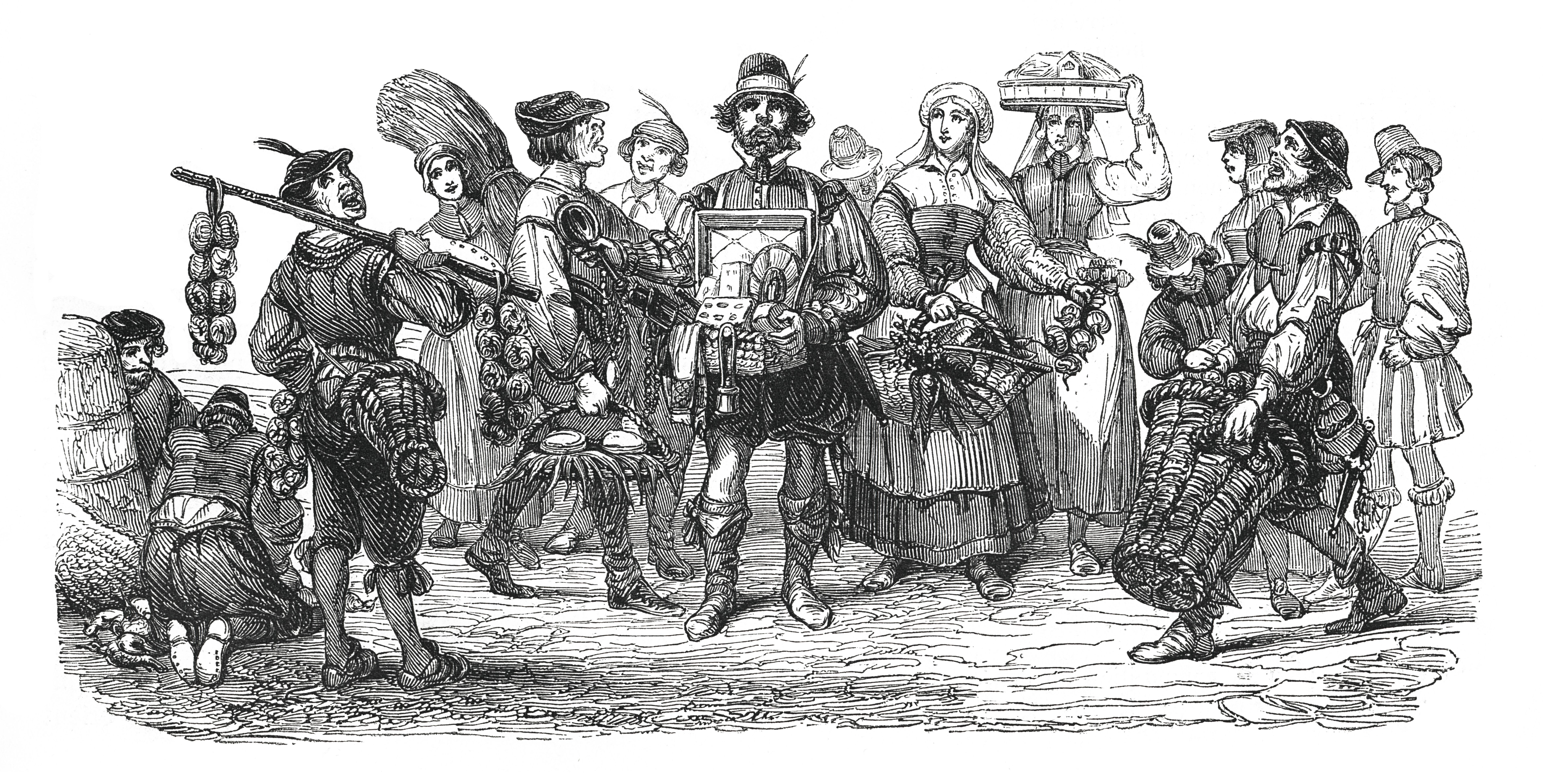 16th century marketplace in France (antique engraving)