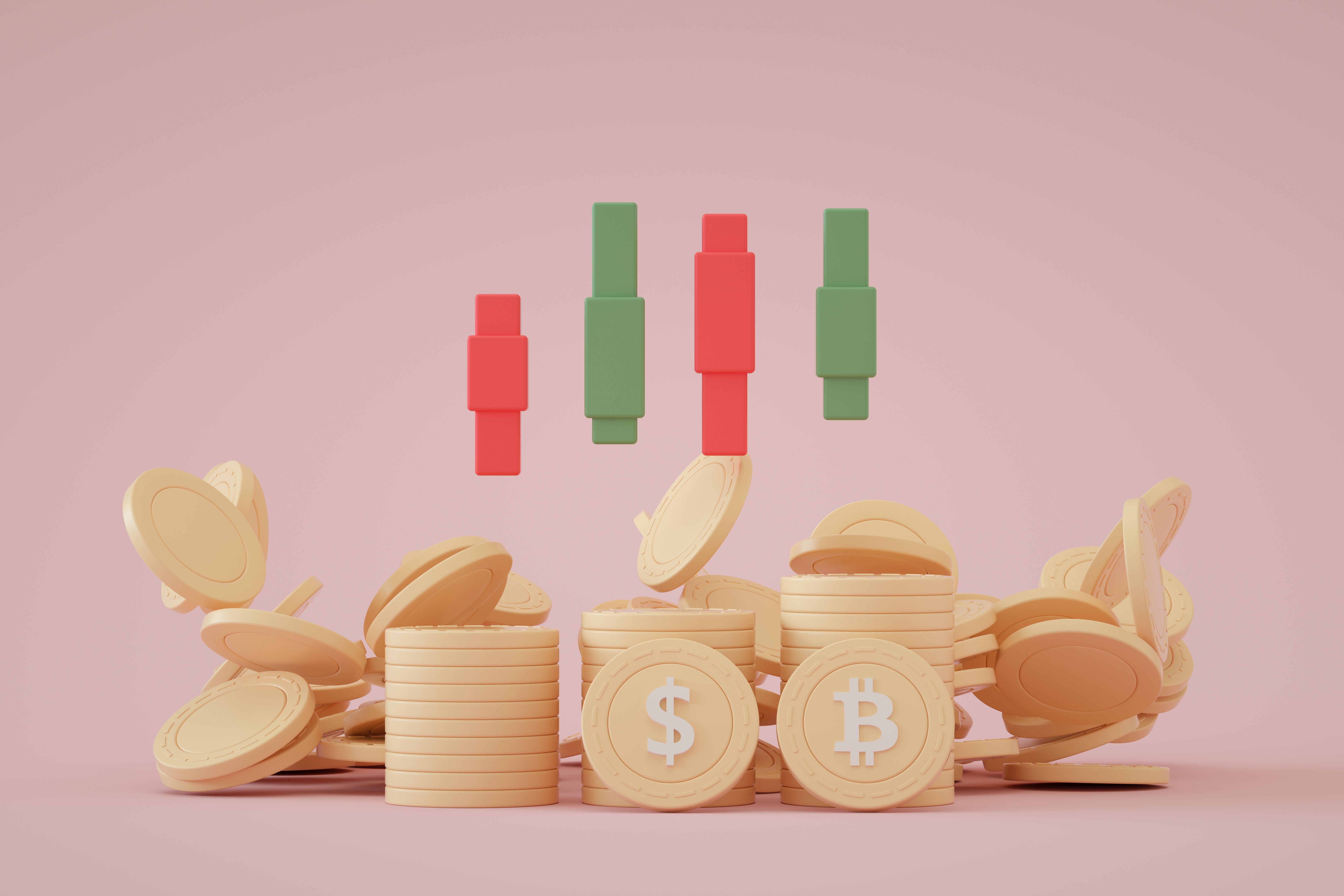 Stacks of Bitcoin and Dollar with Trend Graph