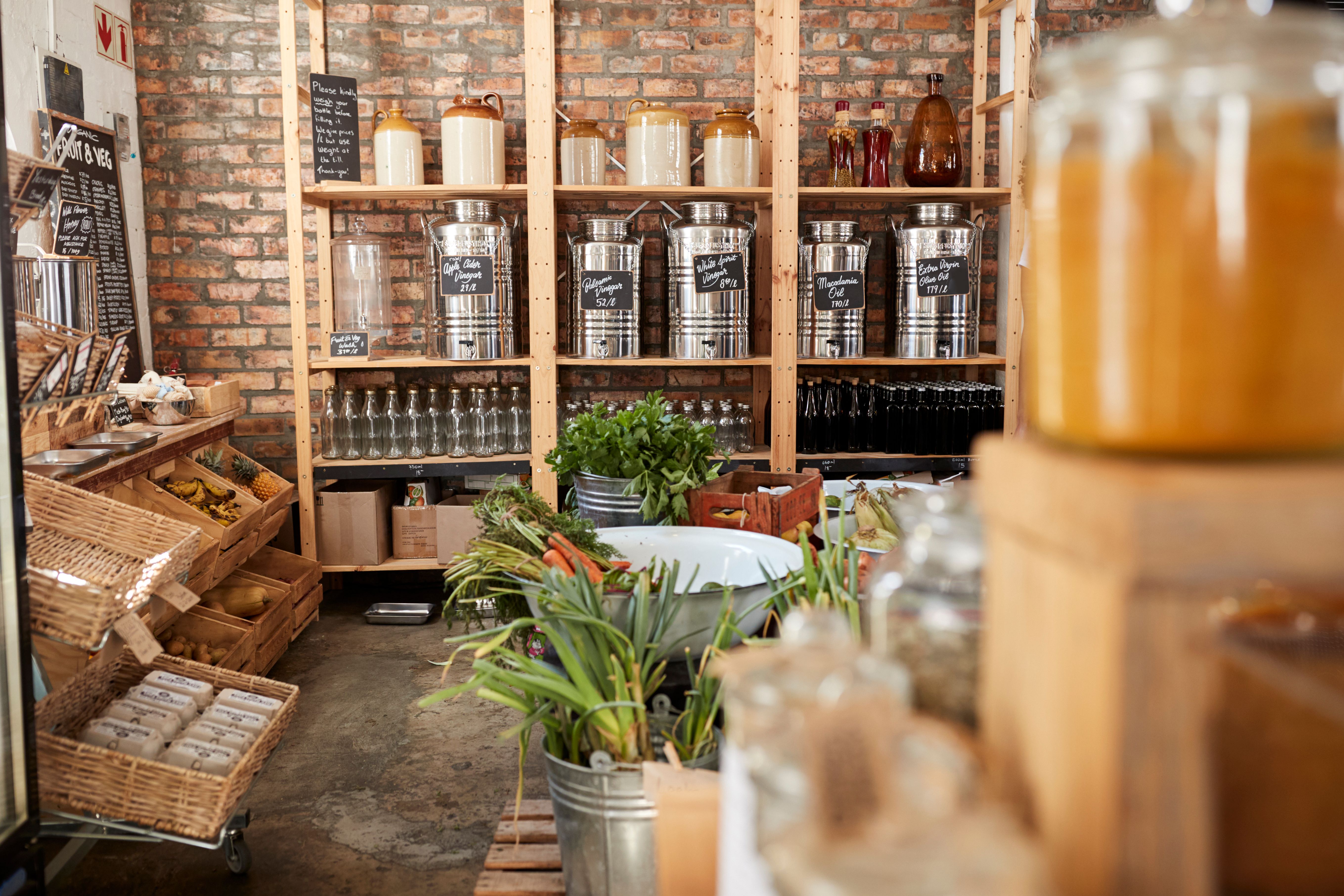 Dispensers For Oil And Vinegar In Sustainable Plastic Free Grocery Store