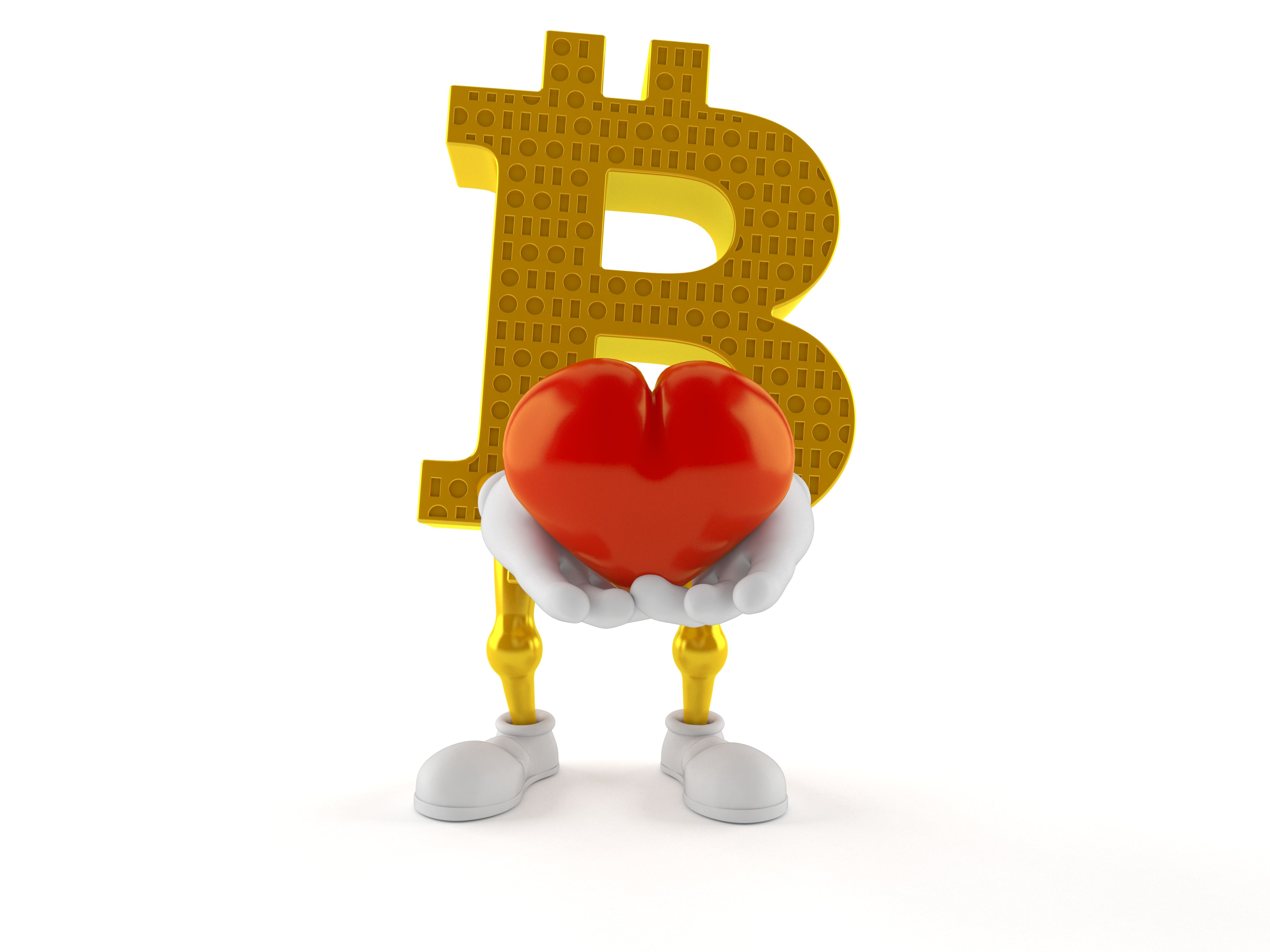 Bitcoin character holding heart