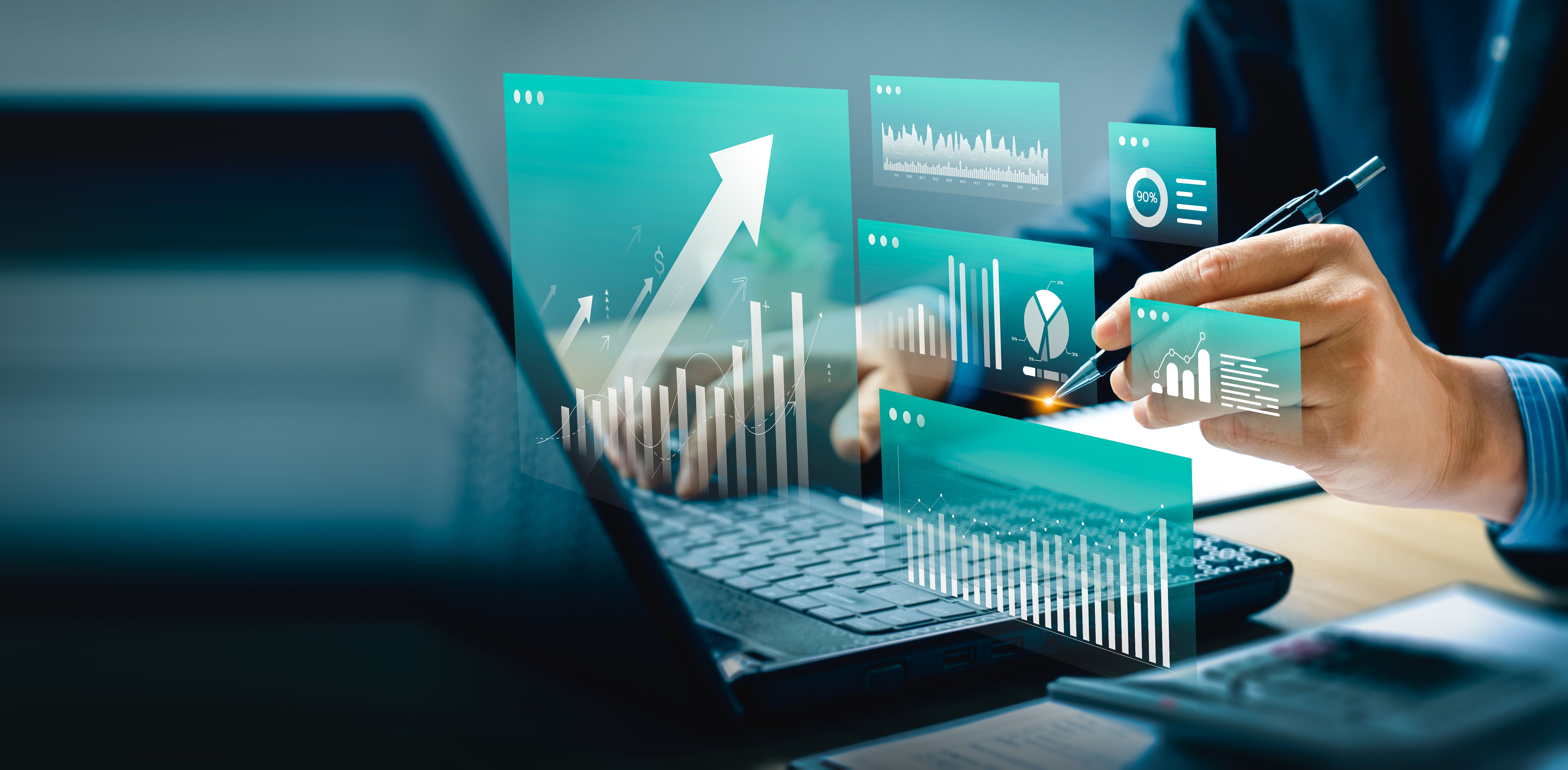 Modern financial analysis and business intelligence concept with digital dashboard interface, data visualization, and futuristic charts. Businessman using laptop and pen for strategic planning. Modern financial analysis and business intelligence concept with digital dashboard interface, data visualization, and futuristic charts. Businessman using laptop and pen for strategic planning.