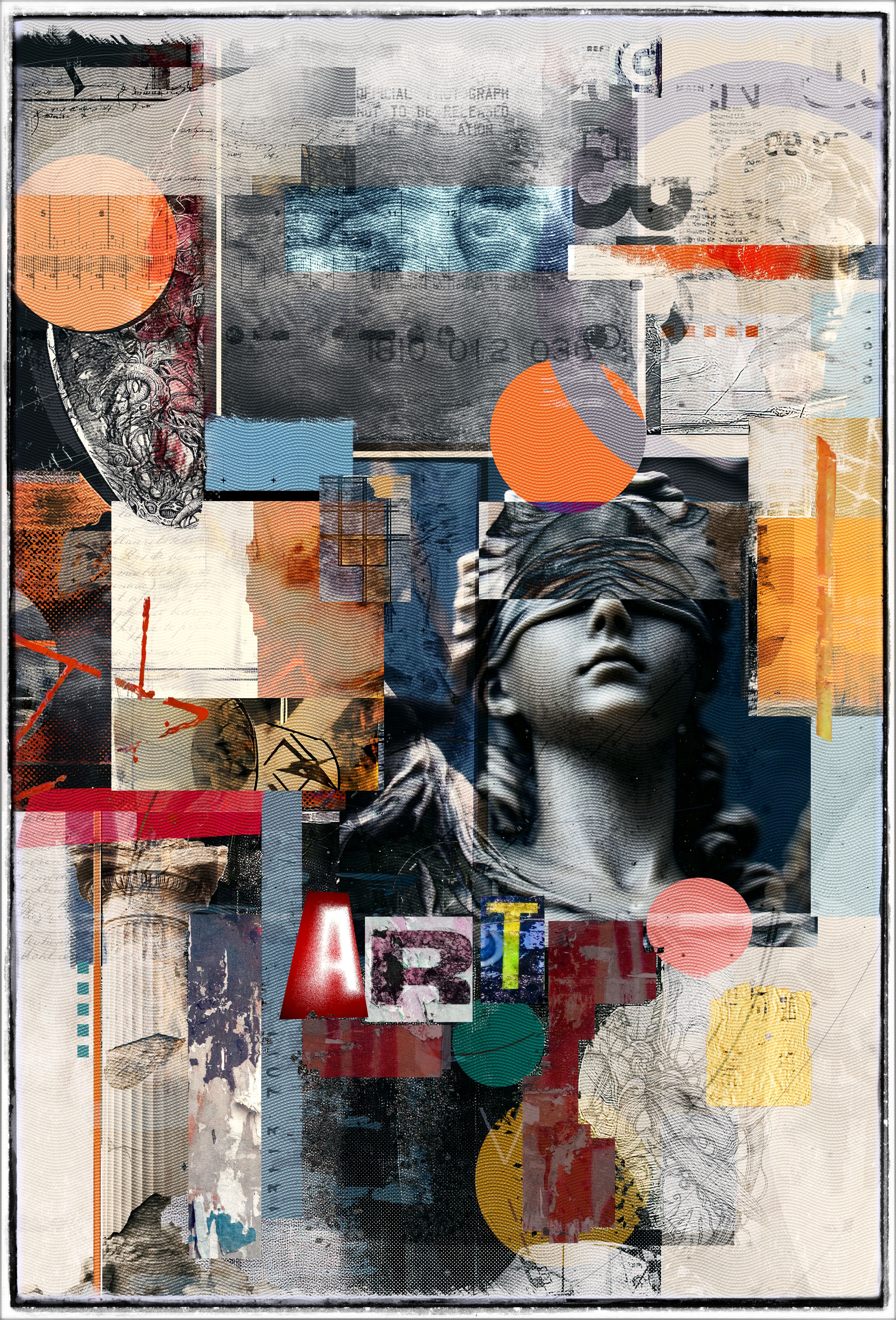 Abstract collage artwork. Mixed media composition with vintage photographs, geometric shapes