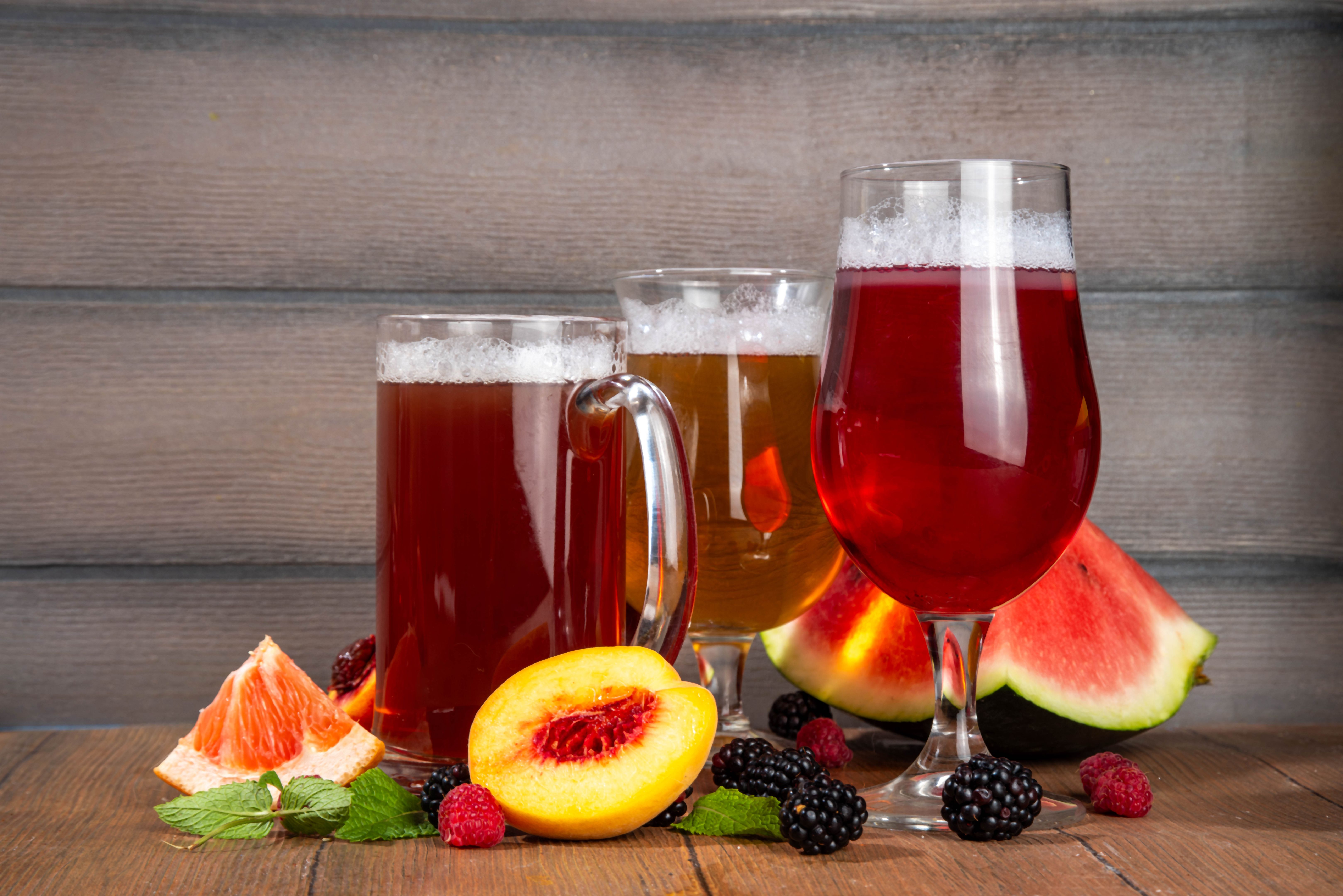 Set of fruit and berry beer ales drinks, beer shandy with various taste