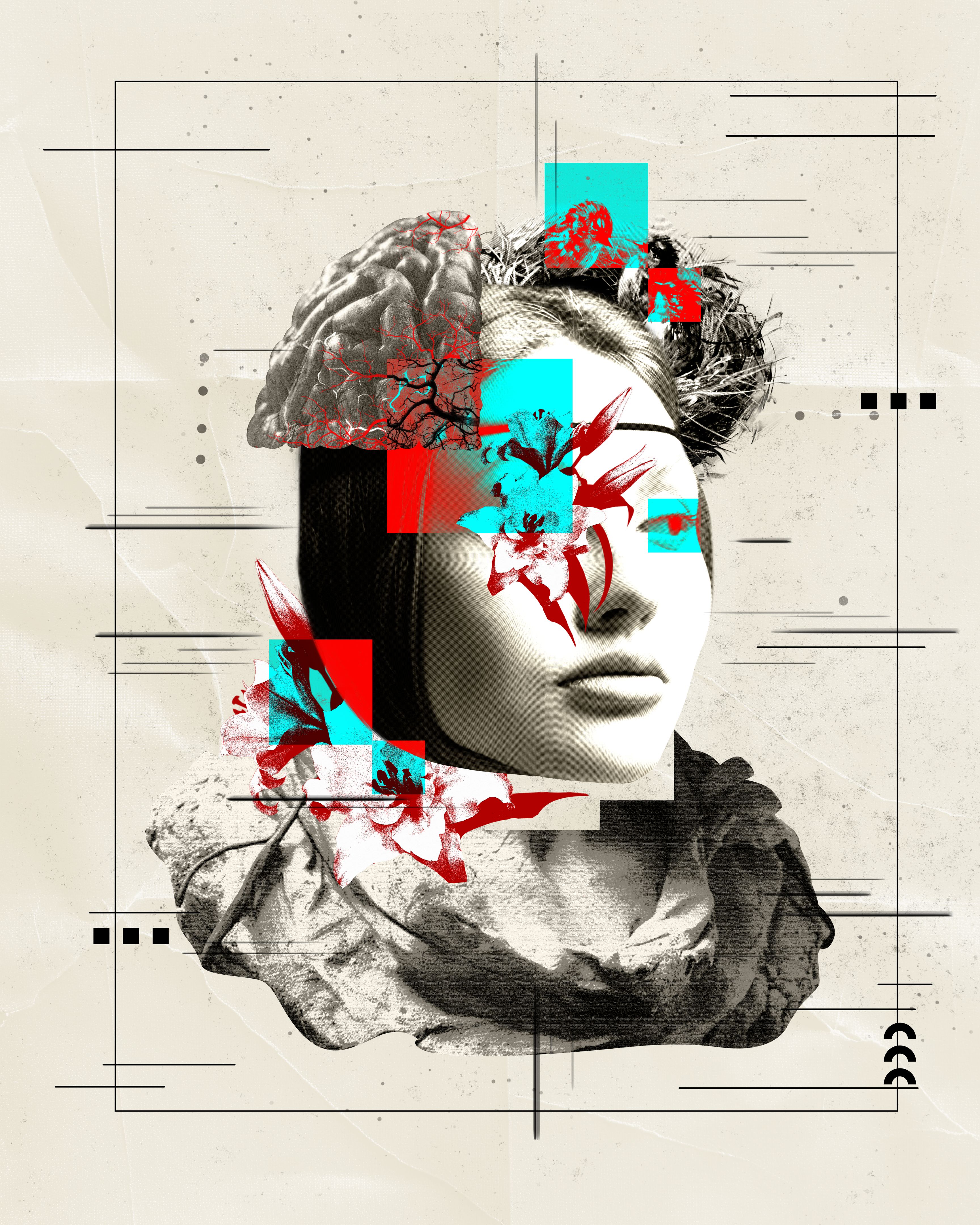 Woman with brain overlay and abstract accents on textured background. Conceptual art. Neuroscience, beauty and complexity of human brain.