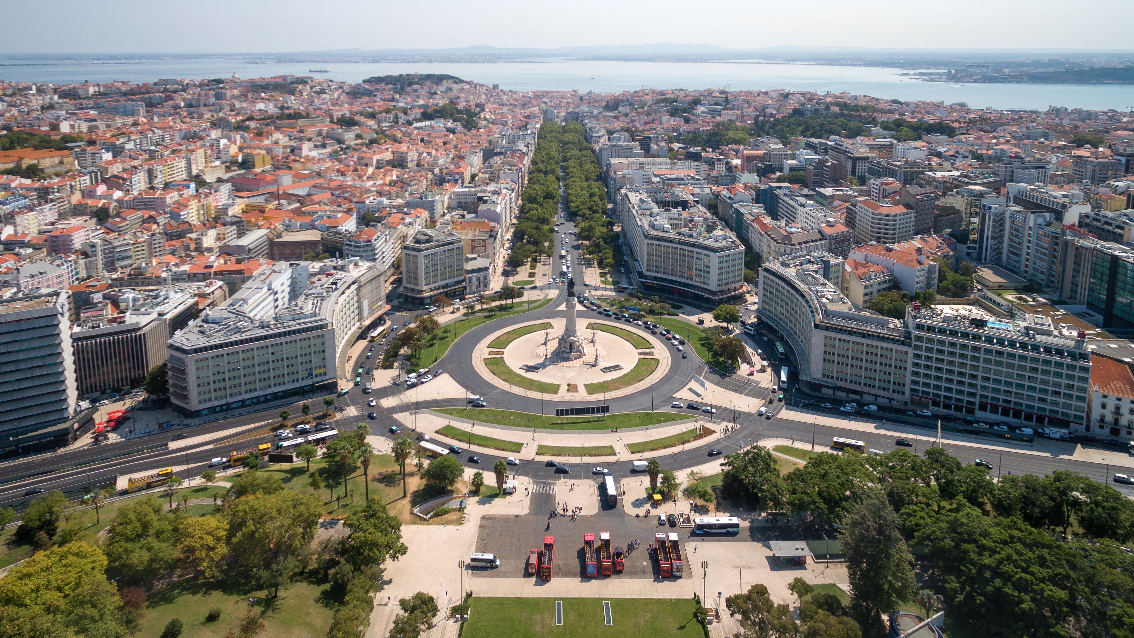 Aerial View of Marques de Pombal Square and Liberdade Avenue in Lisbon, Portugal
