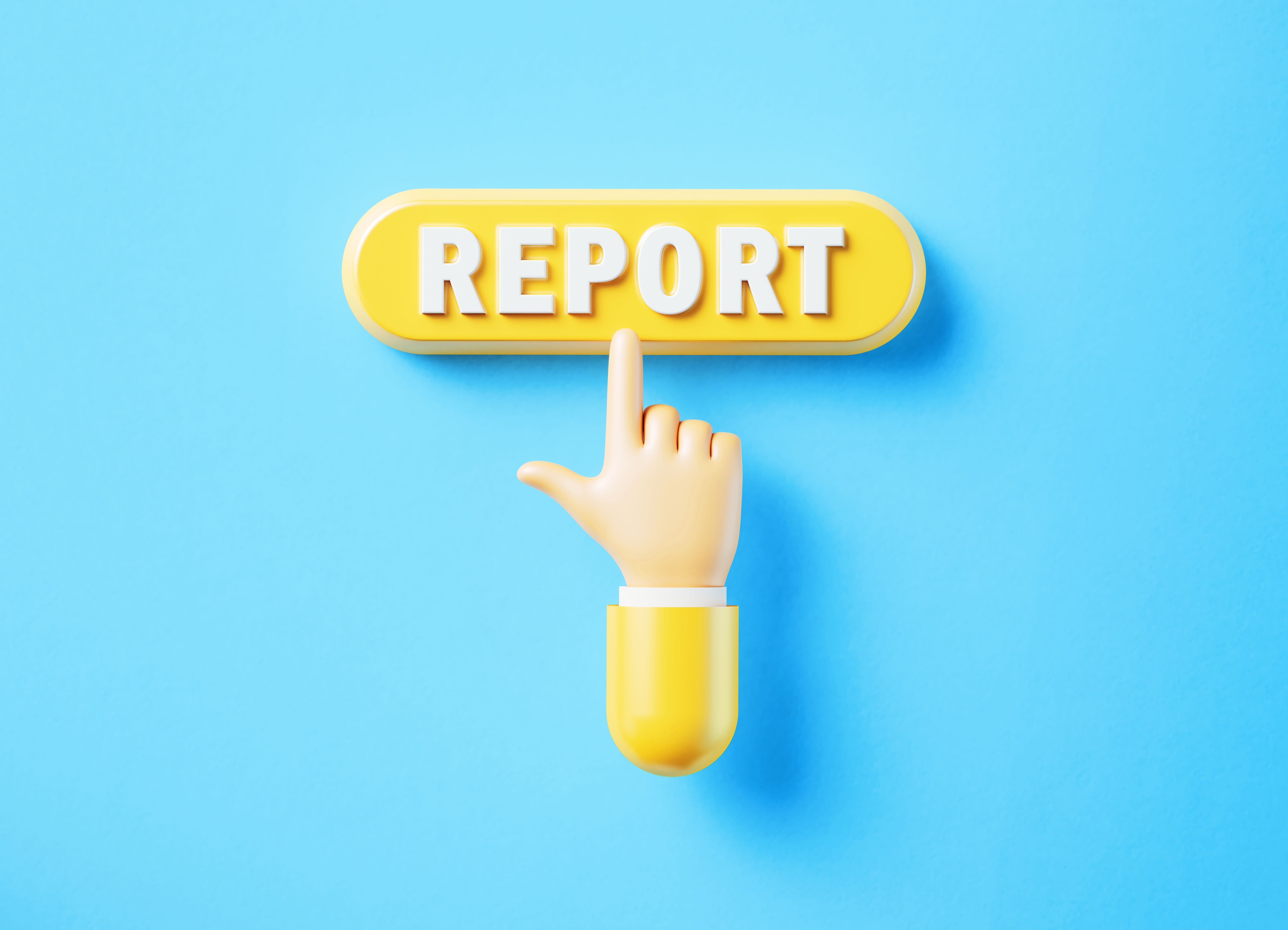 Cartoon Style Human Hand Clicking Over A Yellow Push Button: Report Word Is Written On Push Button Cartoon Style Human Hand Clicking Over A Yellow Push Button: Report Word Is Written On Push Button