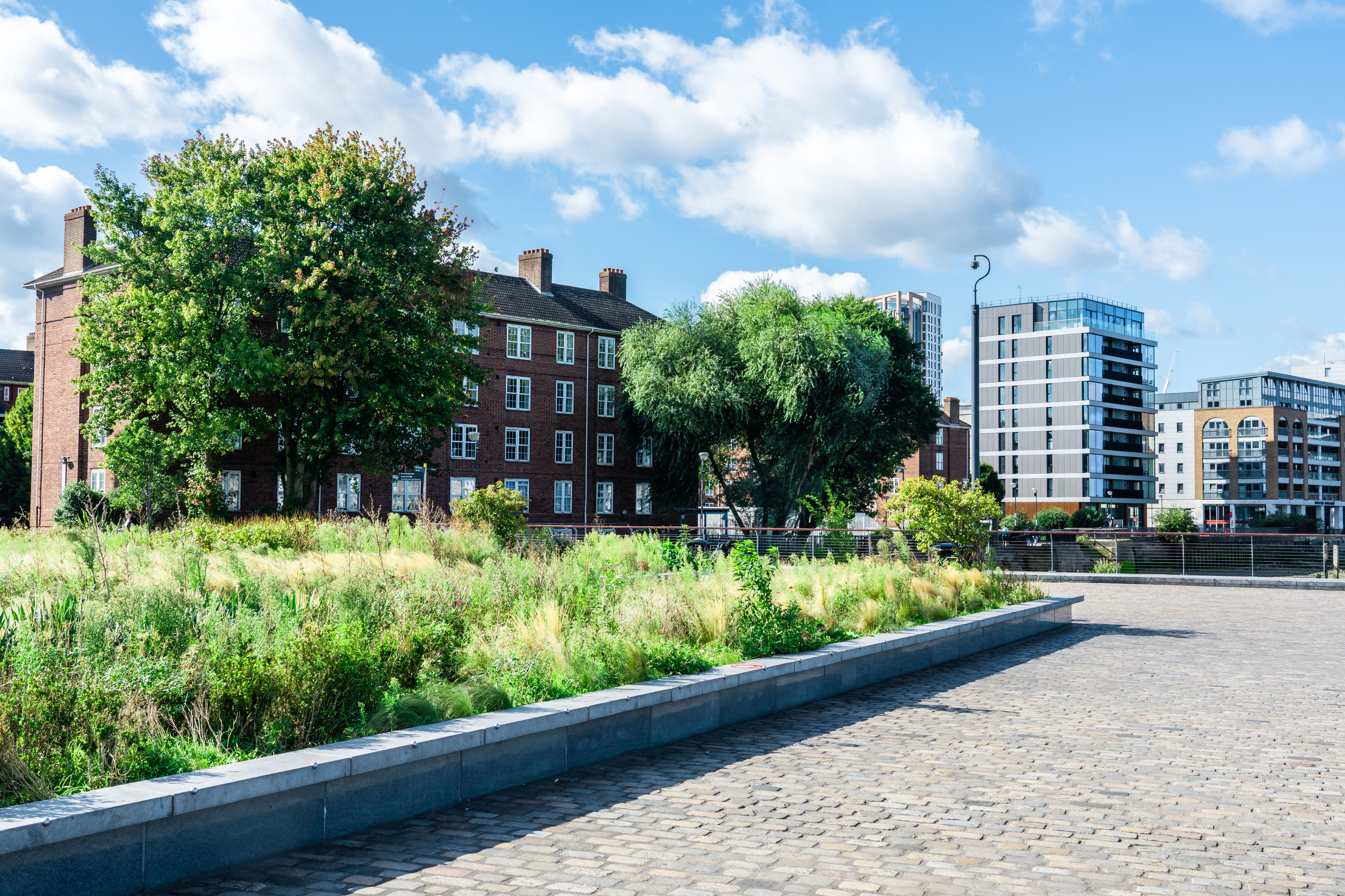 View of a Thames riverside path under blue sky with clouds