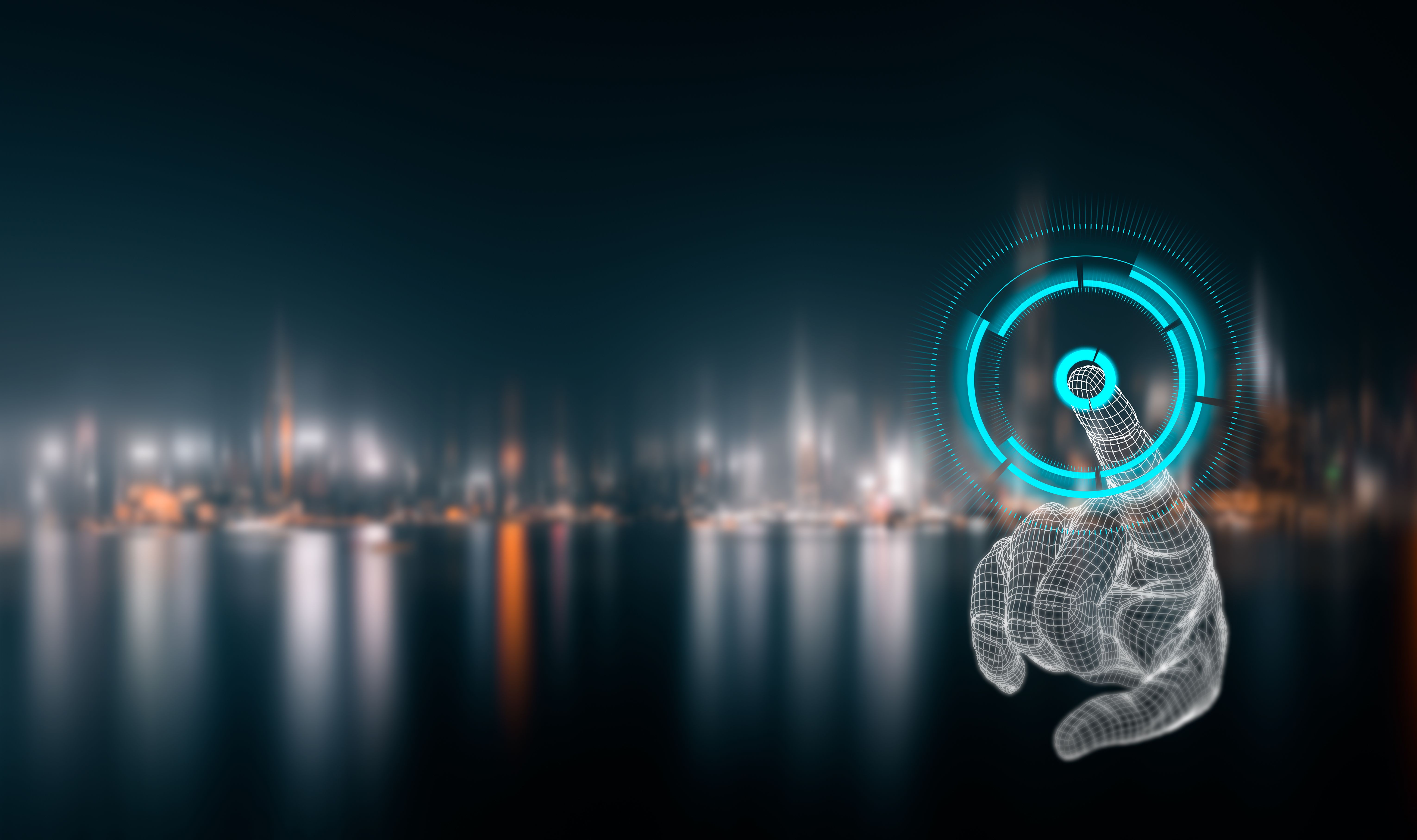 Digital finger point on the screen with Hong Kong city in background