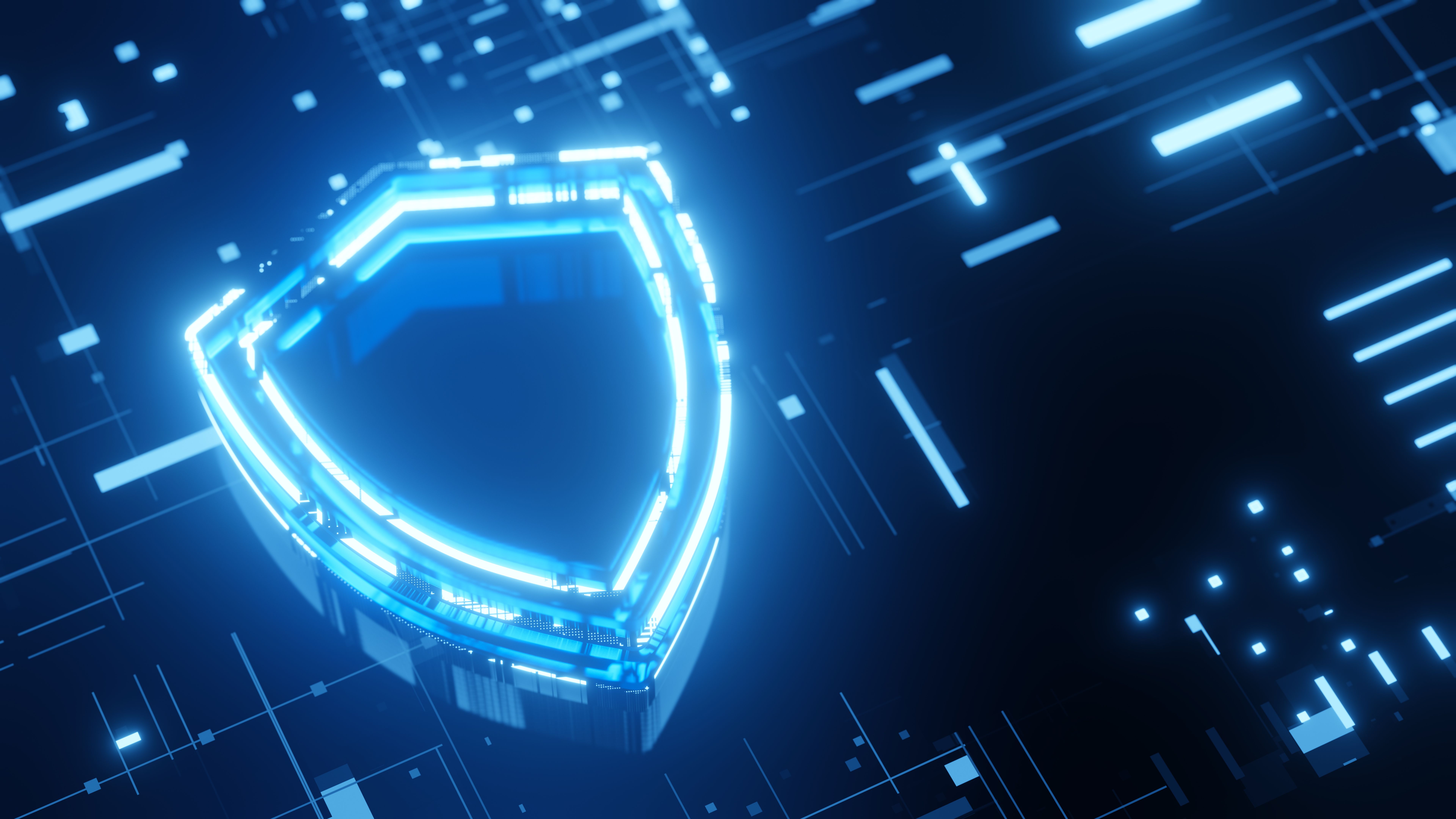 Protection and Security concept. Digital shield 3d glowing icon on abstract technology background. 3d render Protection and Security concept. Digital shield 3d glowing icon on abstract technology background. 3d render