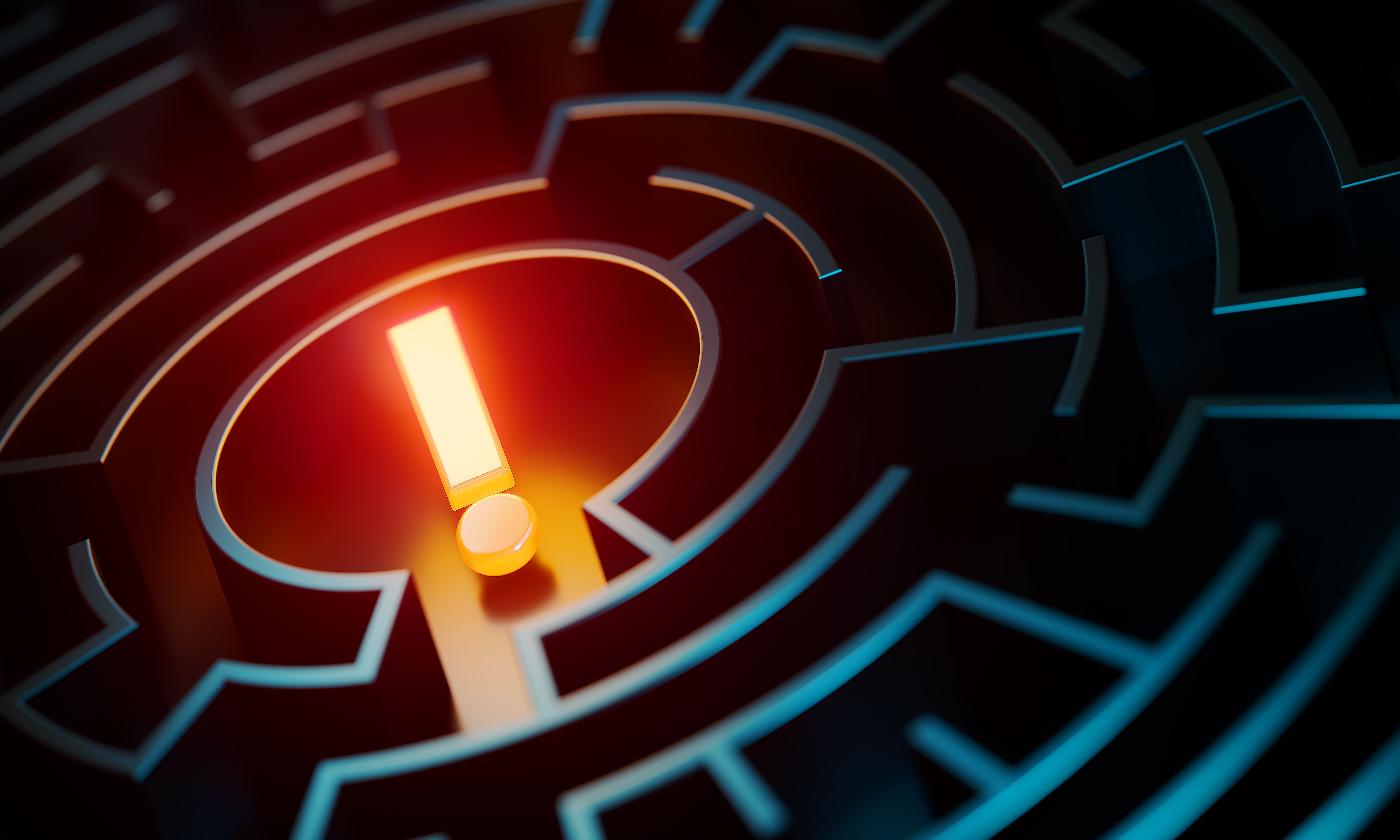 Glowing Exclamation Point Sitting At The Center Of A Maze Illuminated By Orange And Blue Lights