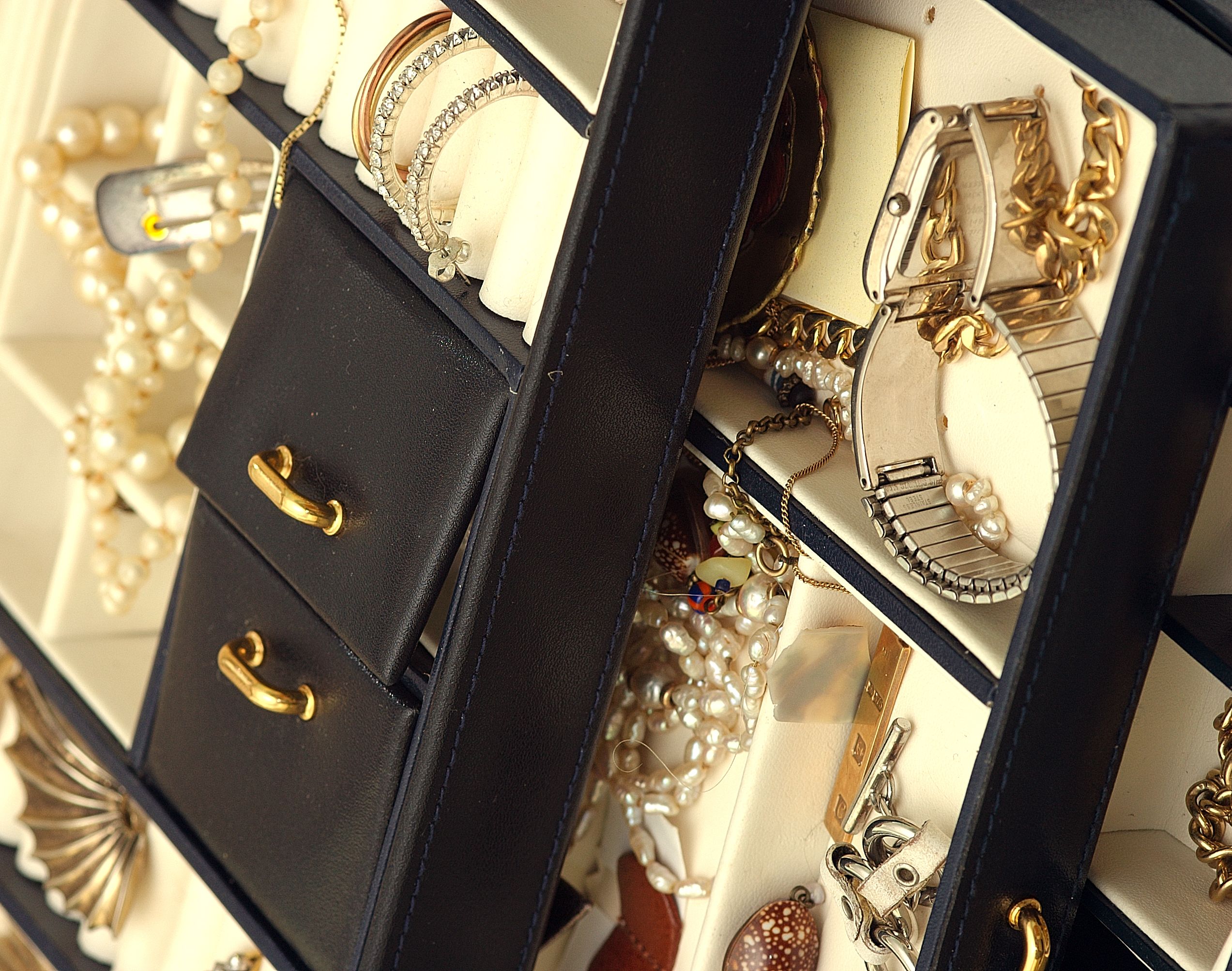 A close-up of a multitiered jewelry box