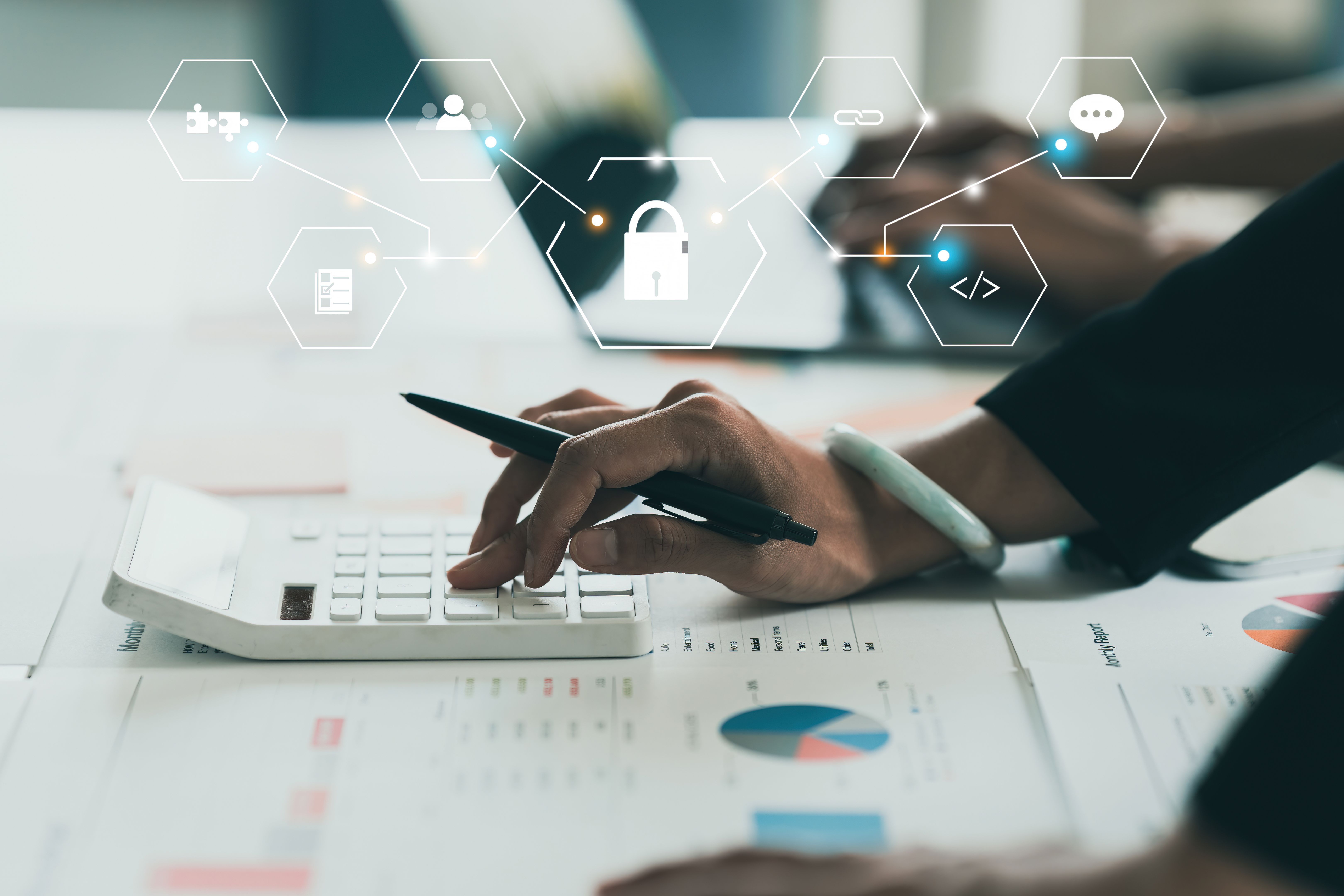 Close up Business woman hand using calculator to calculate the company's financial results and budget. Account Audit Concept.