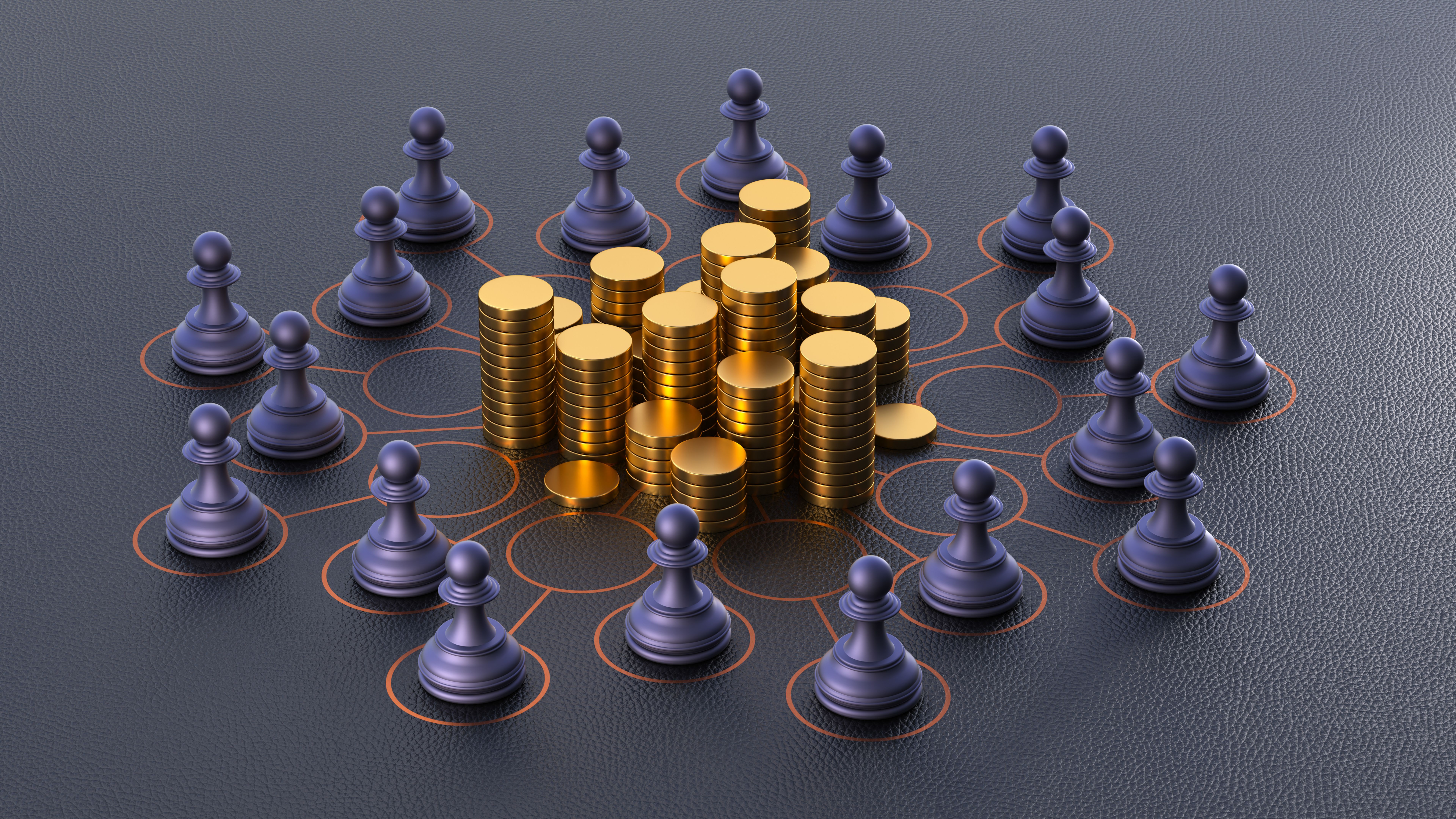 Investment Management and Portfolio Diversification Concept. Chess Pawns Connected by Circles and Lines Surrounding a Central Gold Stack. Symbolizes Shared Control of Capital in a Global Business Network. 3D Rendering.