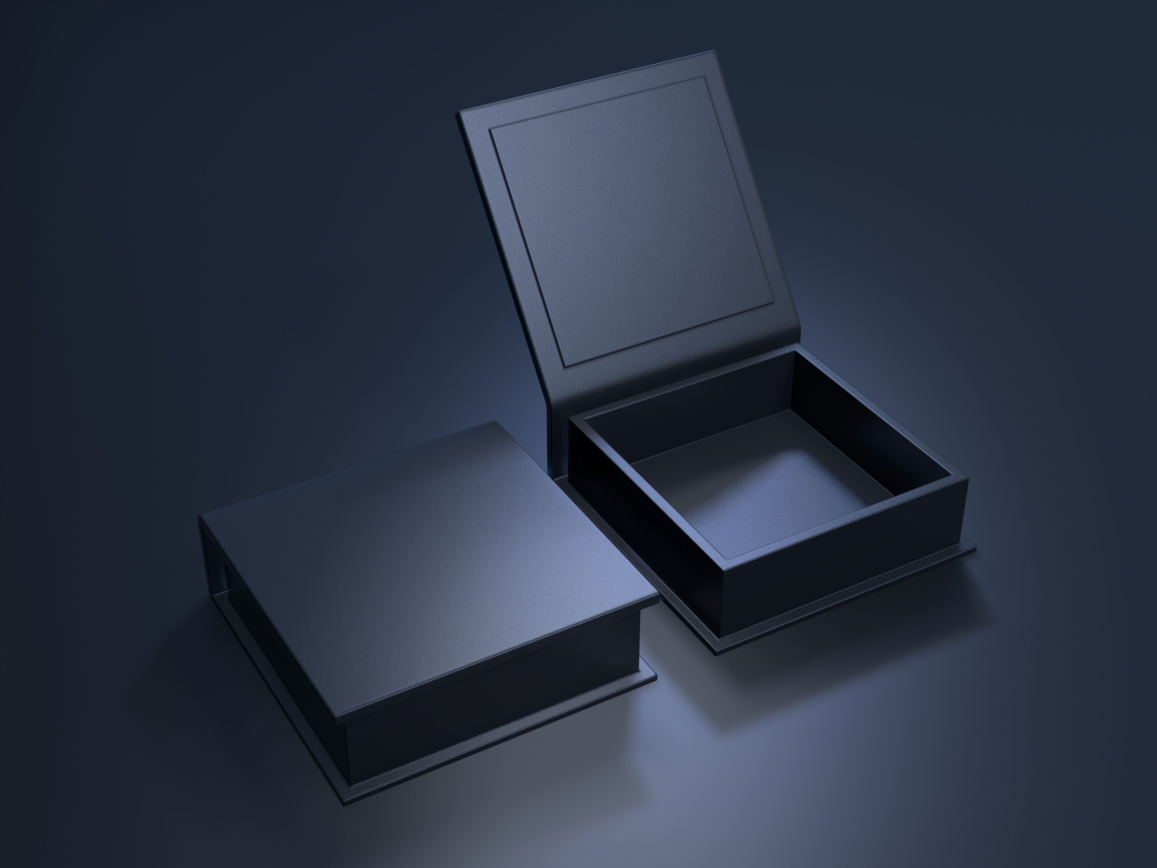 Black blank cardboard box on a dark background. Mock up template. 3d rendering